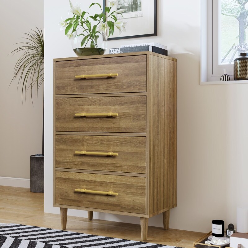 Modern Natural Walnut Chest with Golden Handles and 4 Drawers - - 36884369 - Mycitystee