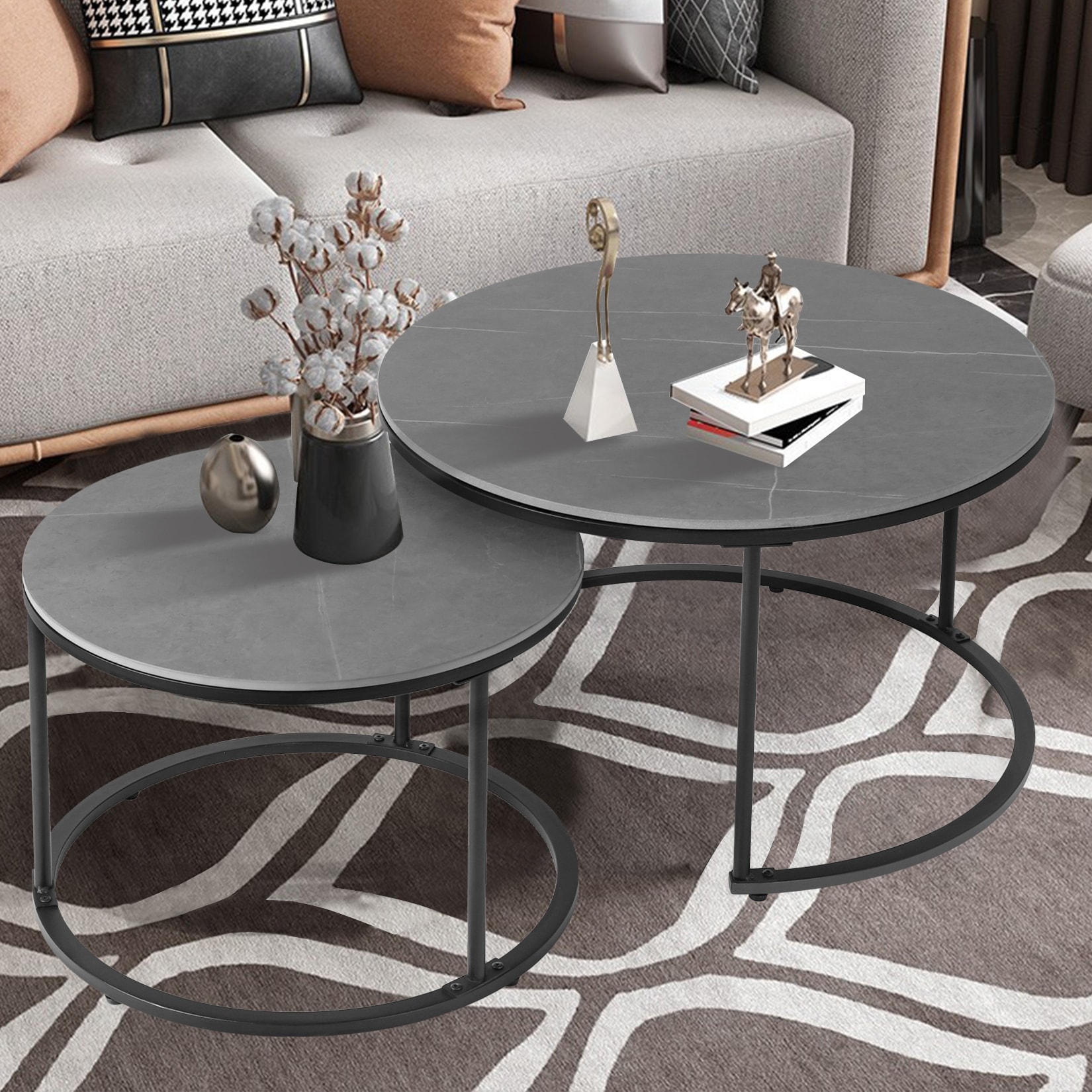 Nesting Coffee Table Black Metal Frame with Round Sintered Stone Top - 31.5x17.7 inch - Mycitystee