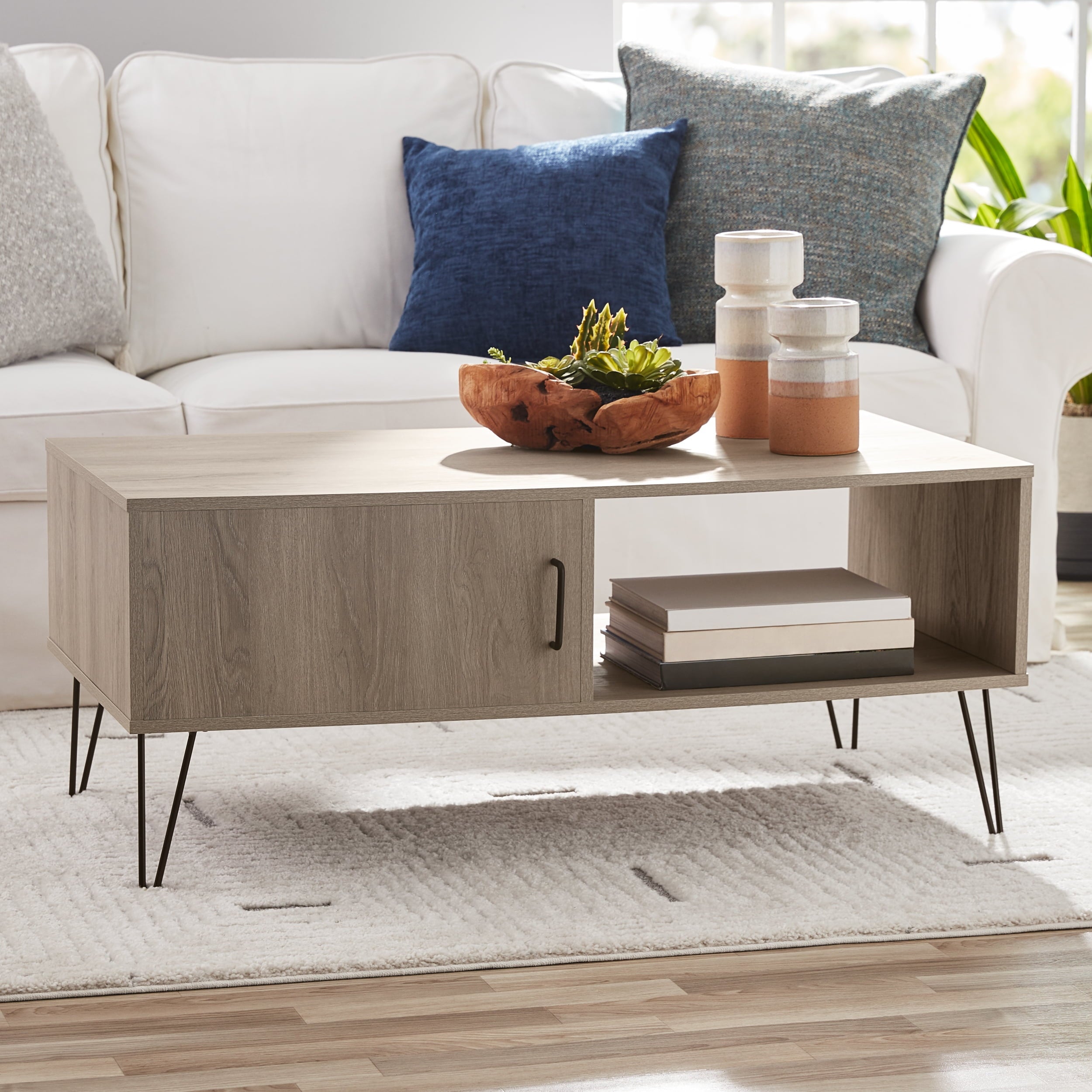 Hairpin Rectangle Coffee Table with Storage， Gray - Mycitystee