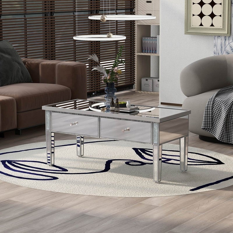 Modern Glass Mirrored Coffee Table with 2 Drawers， Cocktail Table with Crystal Handles and Adjustable Height Legs - Mycitystee