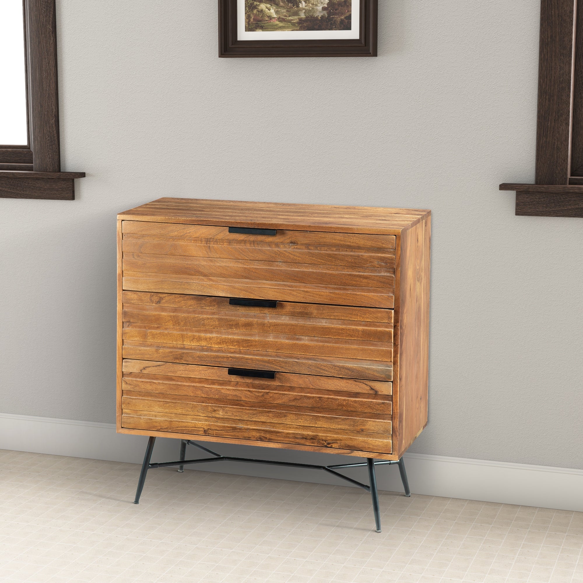 3 Drawer Wooden Chest with Slanted Metal Base， Brown and Black - - 29172744 - Mycitystee