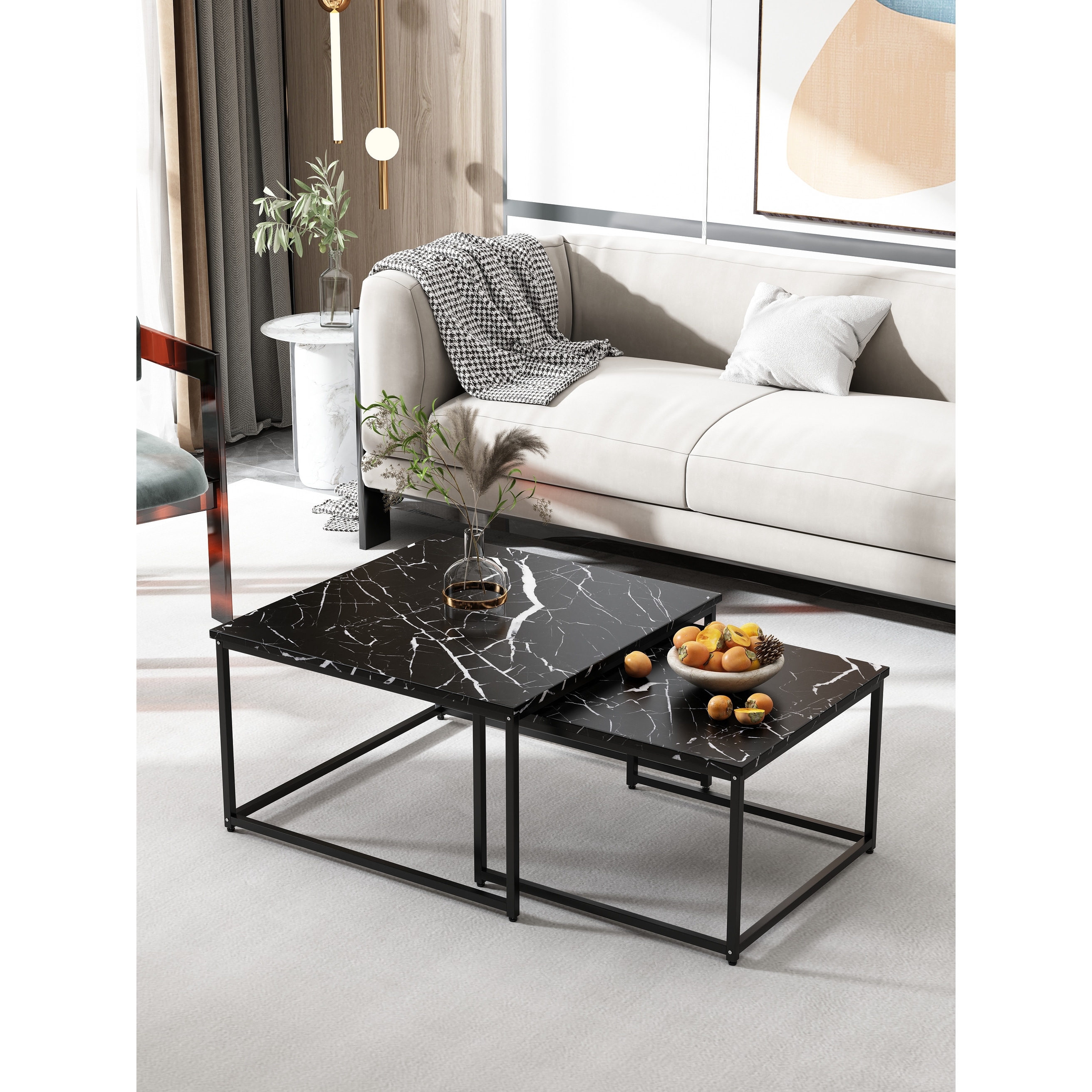 31.5 in. Black Standard Square Marble Coffee Table with 2-Tier Tabletop - Mycitystee