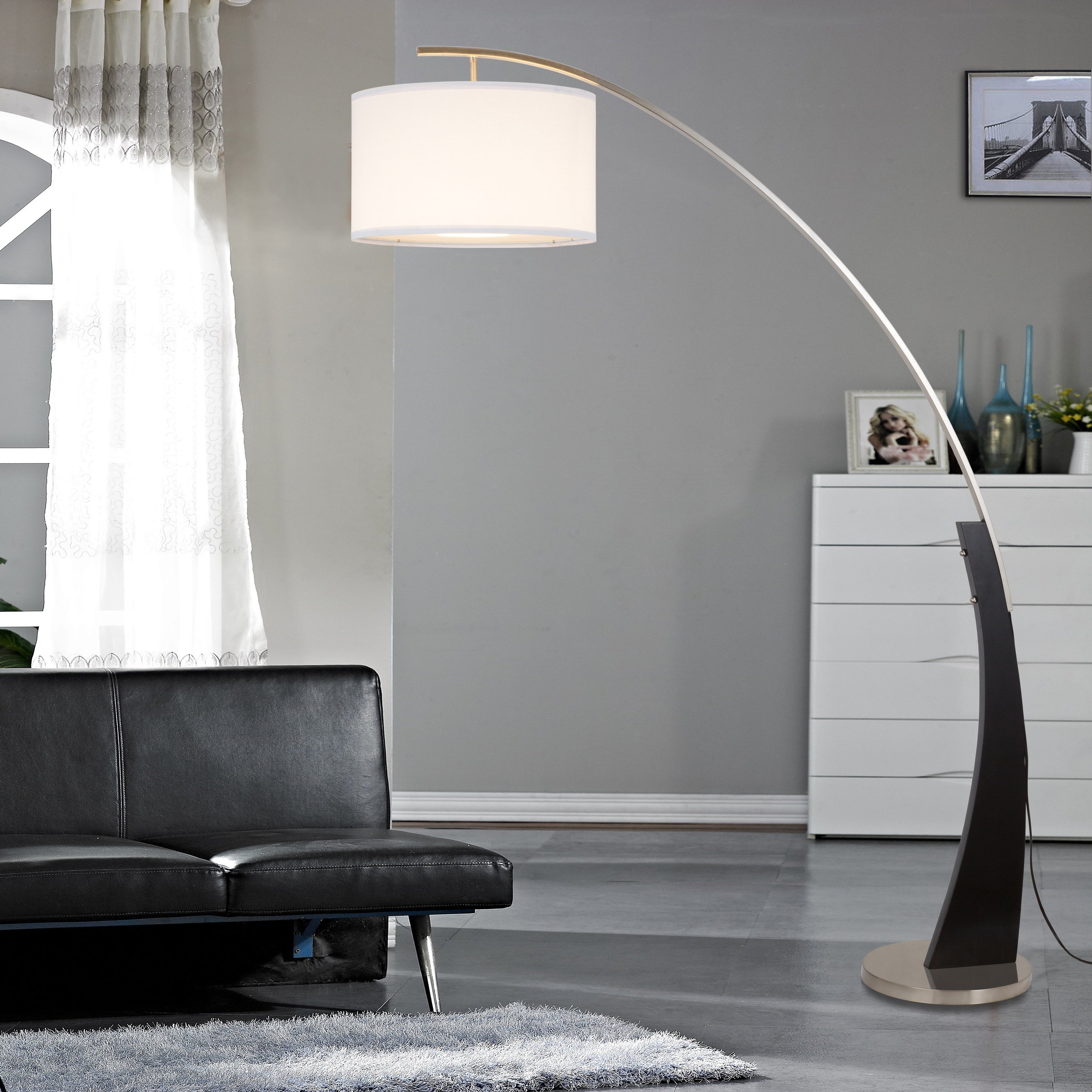 Q-Max Arched Floor Lamp with Drum Shade and Unique Black Wood Pole Base with Metal Base - Mycitystee