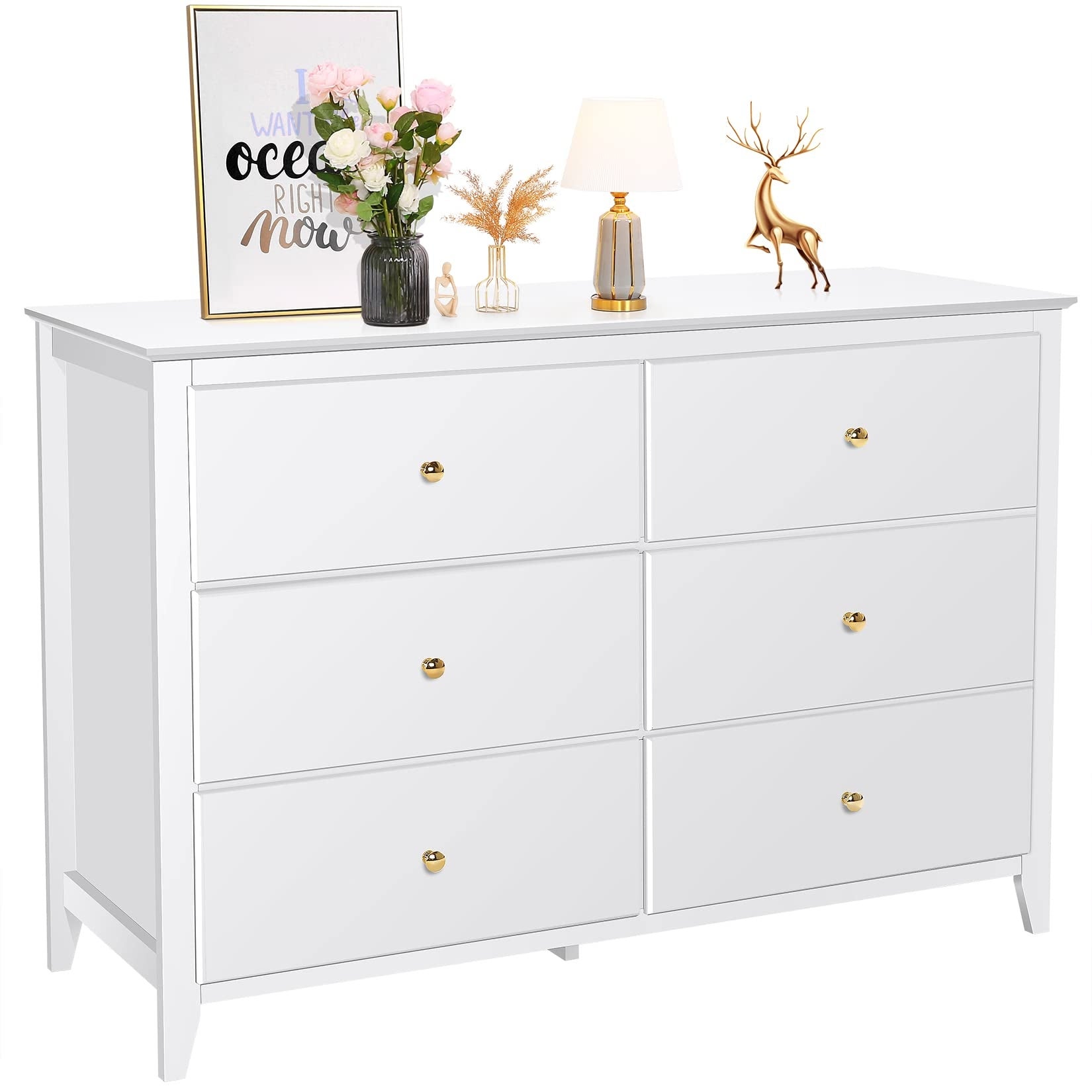 6 Drawer Double Dresser， White Dresser for Bedroom， Wood Chest of Drawers with Gold Metal Handles， Wide Storage Space - - 37668726 - Mycitystee