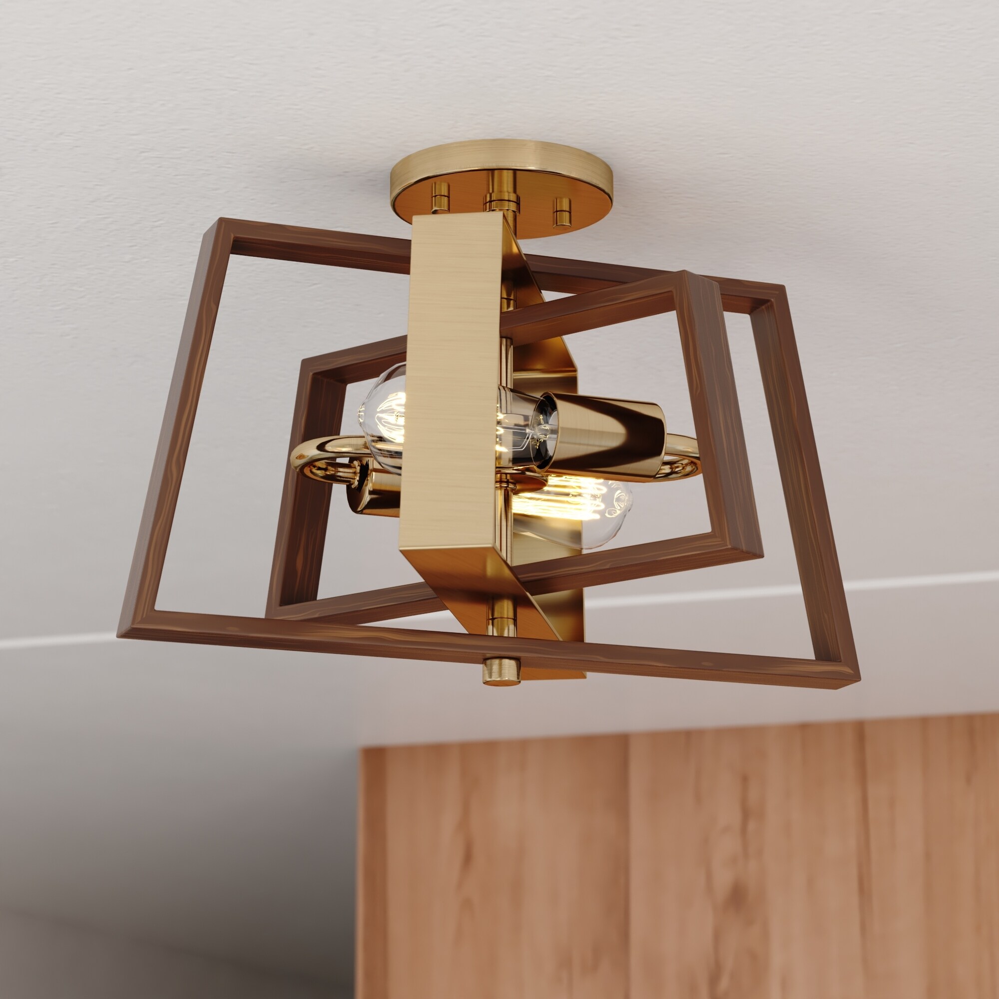 Dunning 16 in. W Brass and Chestnut MCM Transitional Semi Flush Mount Ceiling Light - 16-in W x 11-in H x 12.5-in D - Mycitystee