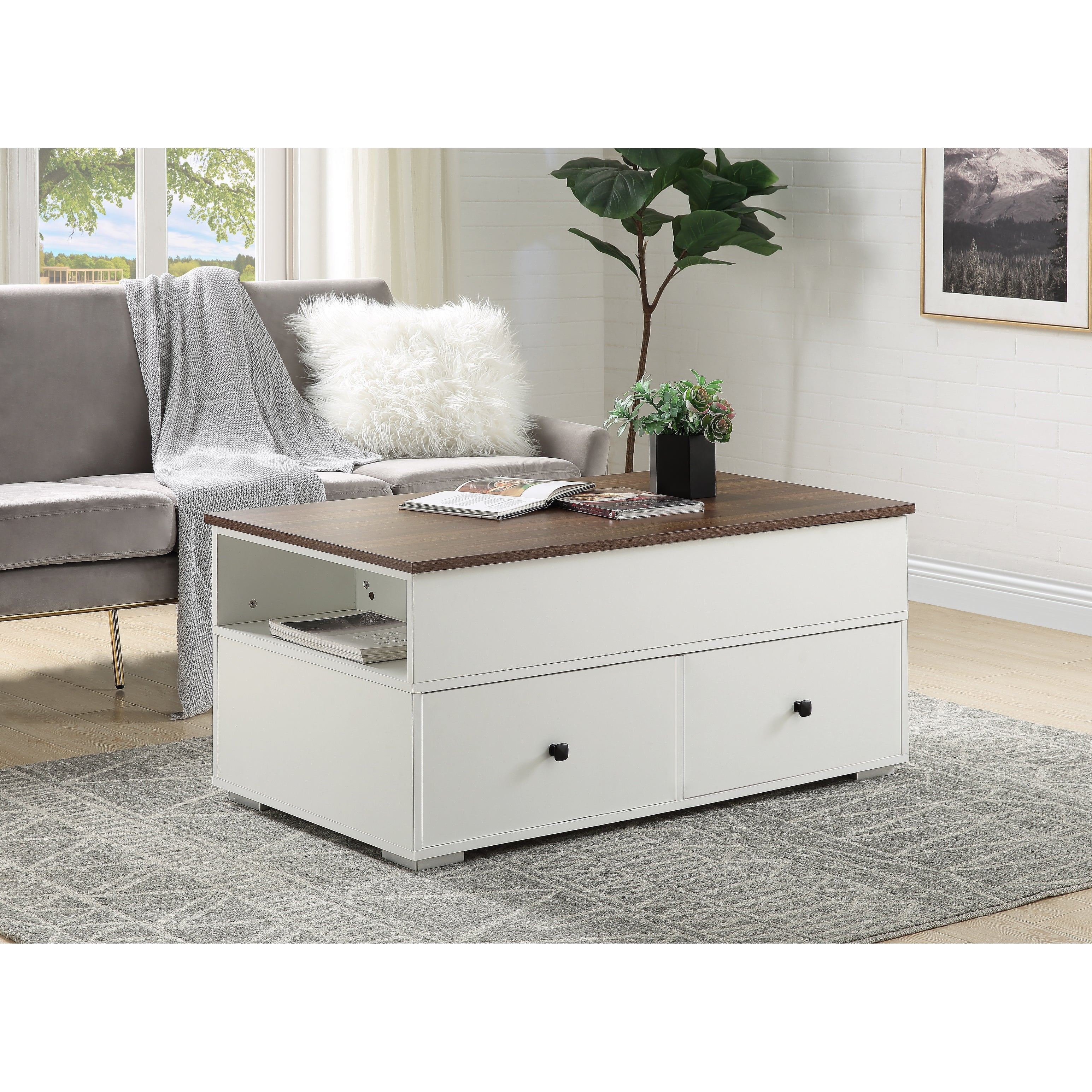 Transitional Coffee Table with Lift Top， Center Table with 2 Storage Drawers and 1 Storage Compartment， Walnut Finish - Mycitystee