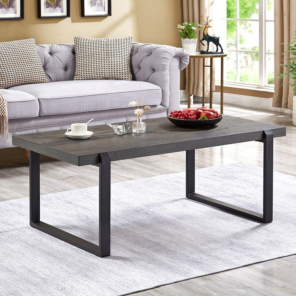 Coffee Table， Rustic Wood and Metal Center Table， Modern Cocktail Table for Living Room， Grey - Mycitystee