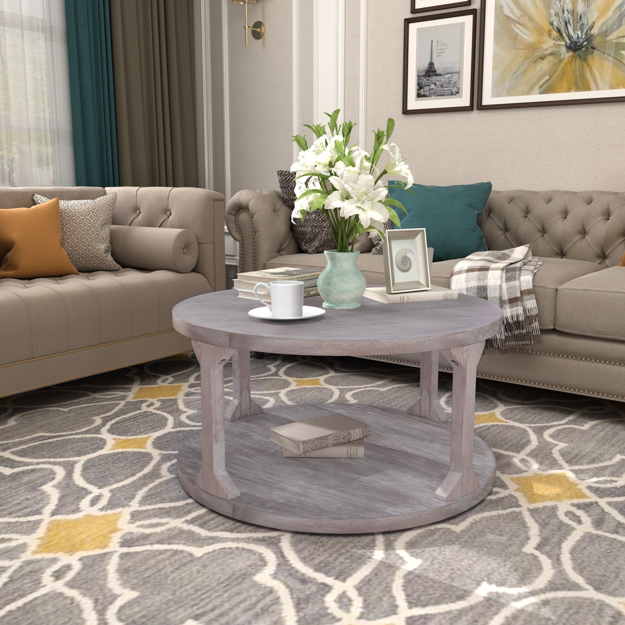 Round Rustic Coffee Table Solid Wood+MDF Coffee Table for Living Room with Dusty Wax Coating and Storage Shelf， Easy Assembly - Mycitystee