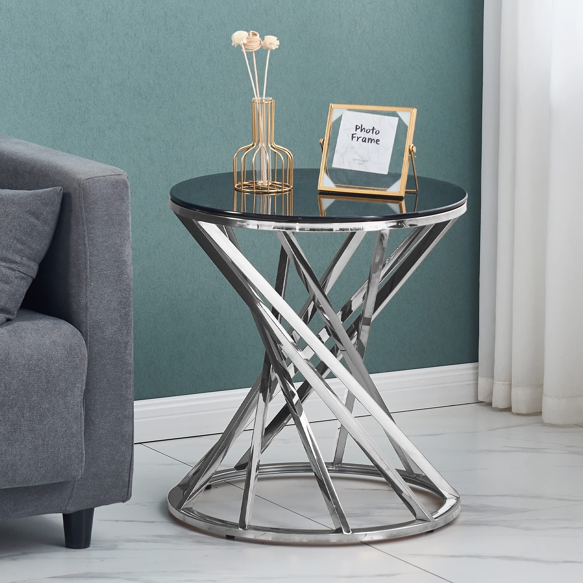 Set of 1 Round Glass Top Side Table for Living Room- Black Grey Tempered Glass and Silver Stainless Steel Frame - as picture - Mycitystee