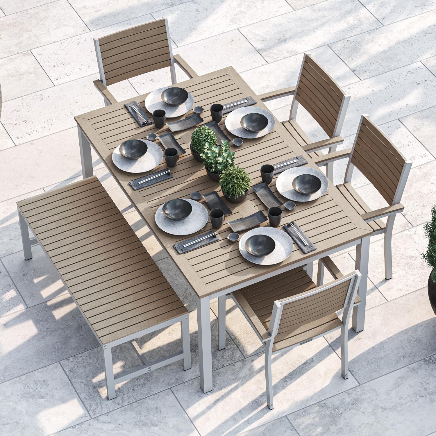 Oxford Garden Travira 6 Piece Flint Aluminum Patio Dining Set W/ Vintage Tekwood Armchairs， 63-Inch Rectangular Vintage Tekwood Table and Backless Ben - Mycitystee