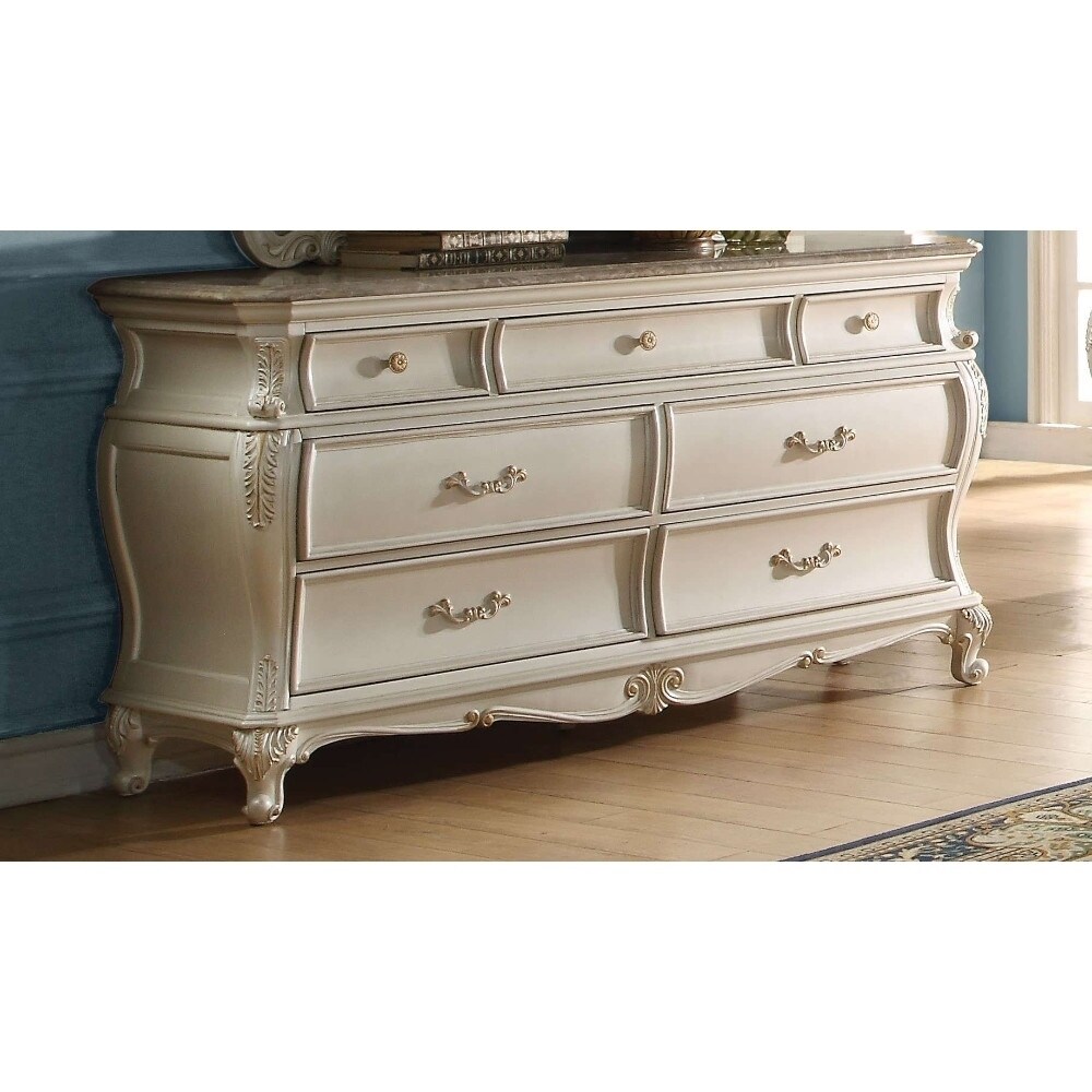 Seven Drawers Wooden Dresser with Granite Top， Pearl White - - 25687835 - Mycitystee