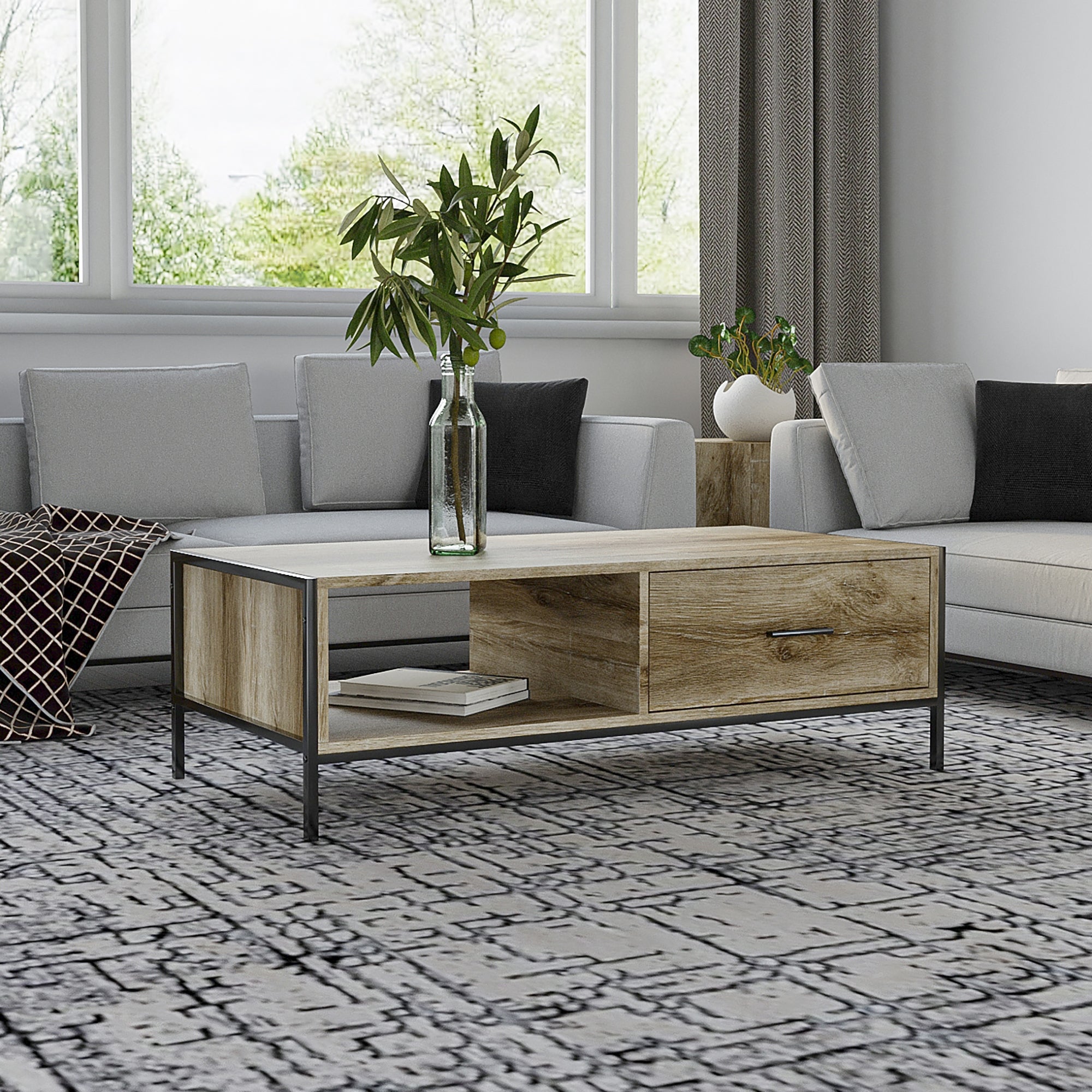 Savannah Rustic Industrial Coffee Table with Drawer and Shelf - Mycitystee