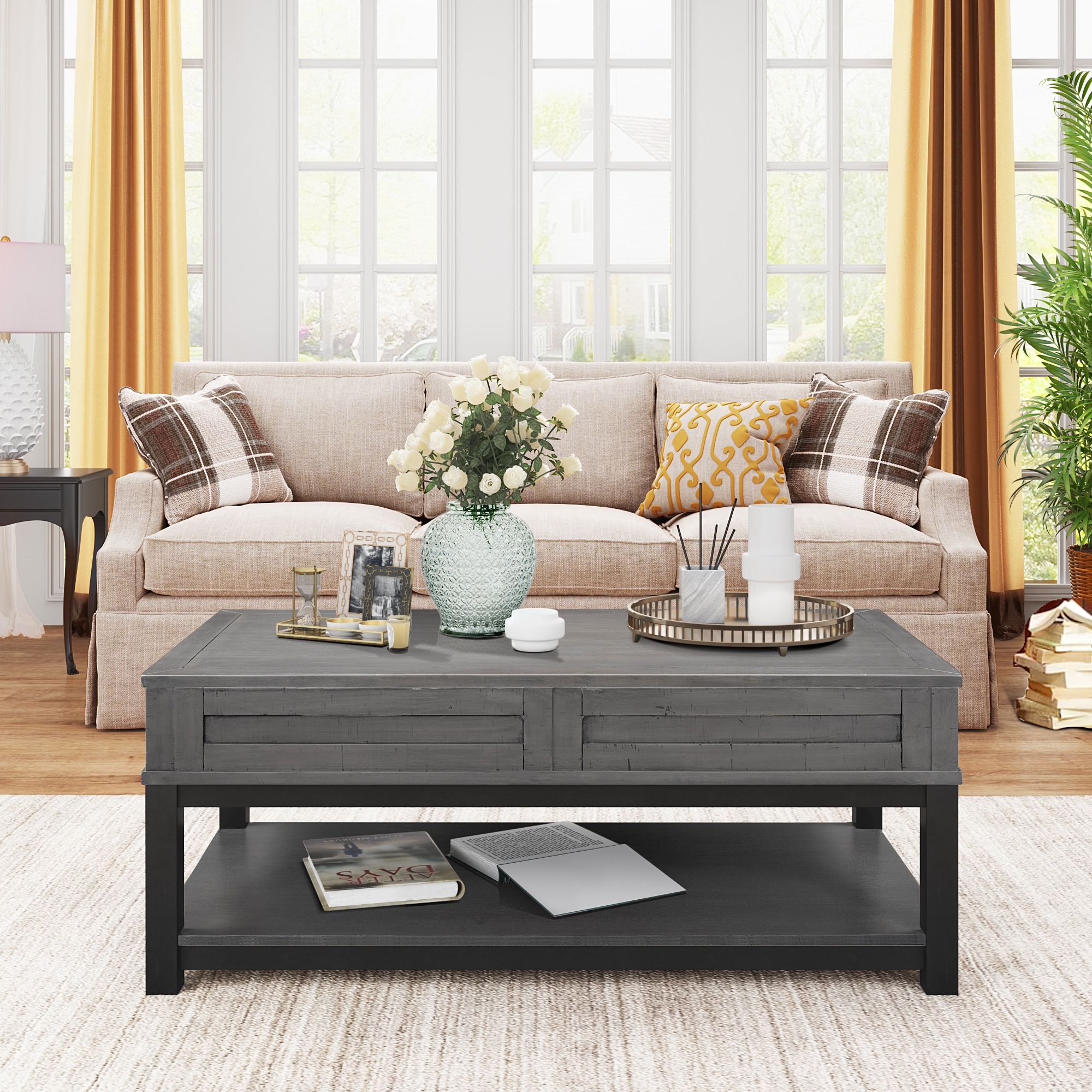 Living room Wooden Lift Top Coffee Table with Shelf - Mycitystee