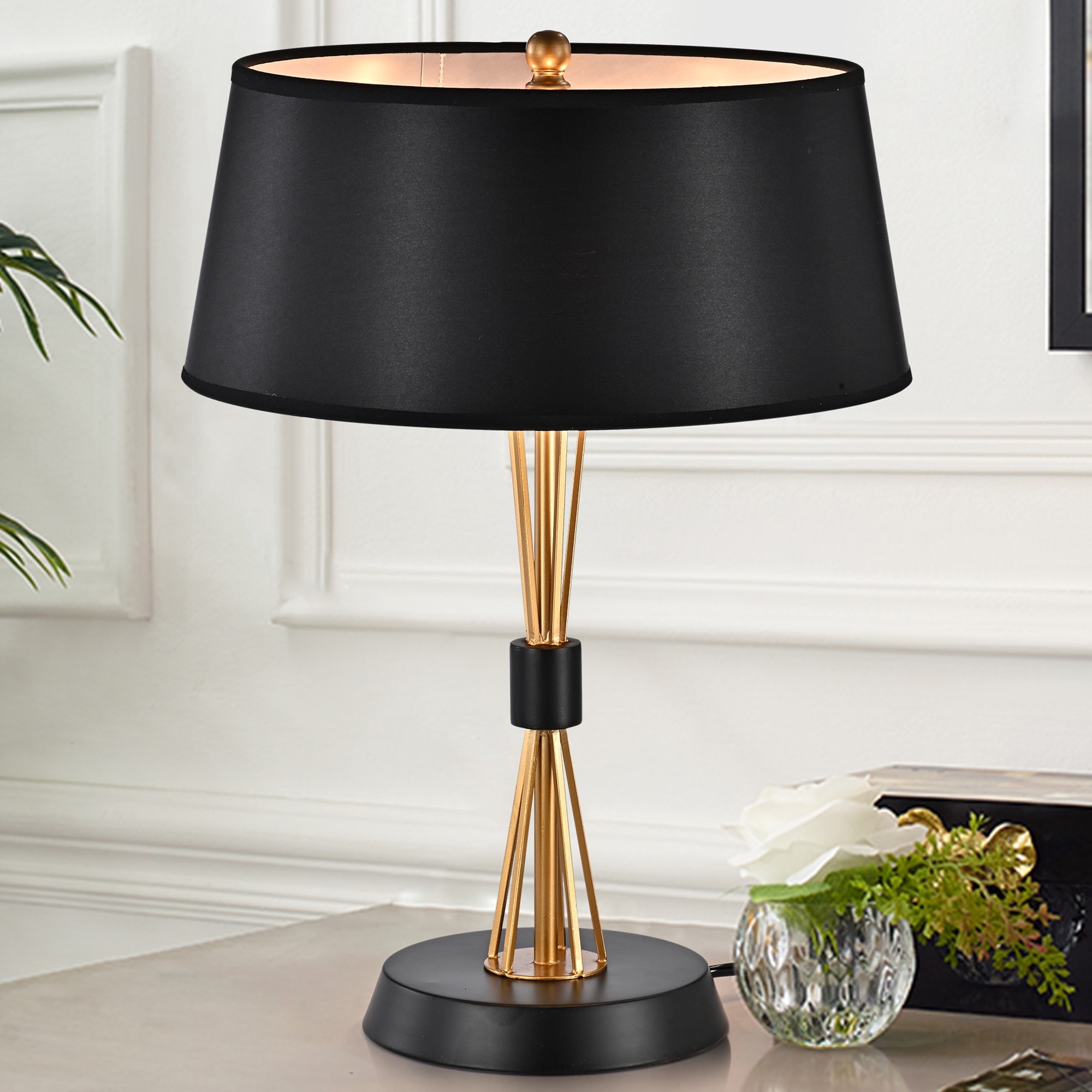 Indra Matte Black and Gold with 3 Light Bulb Table Lamp - Mycitystee