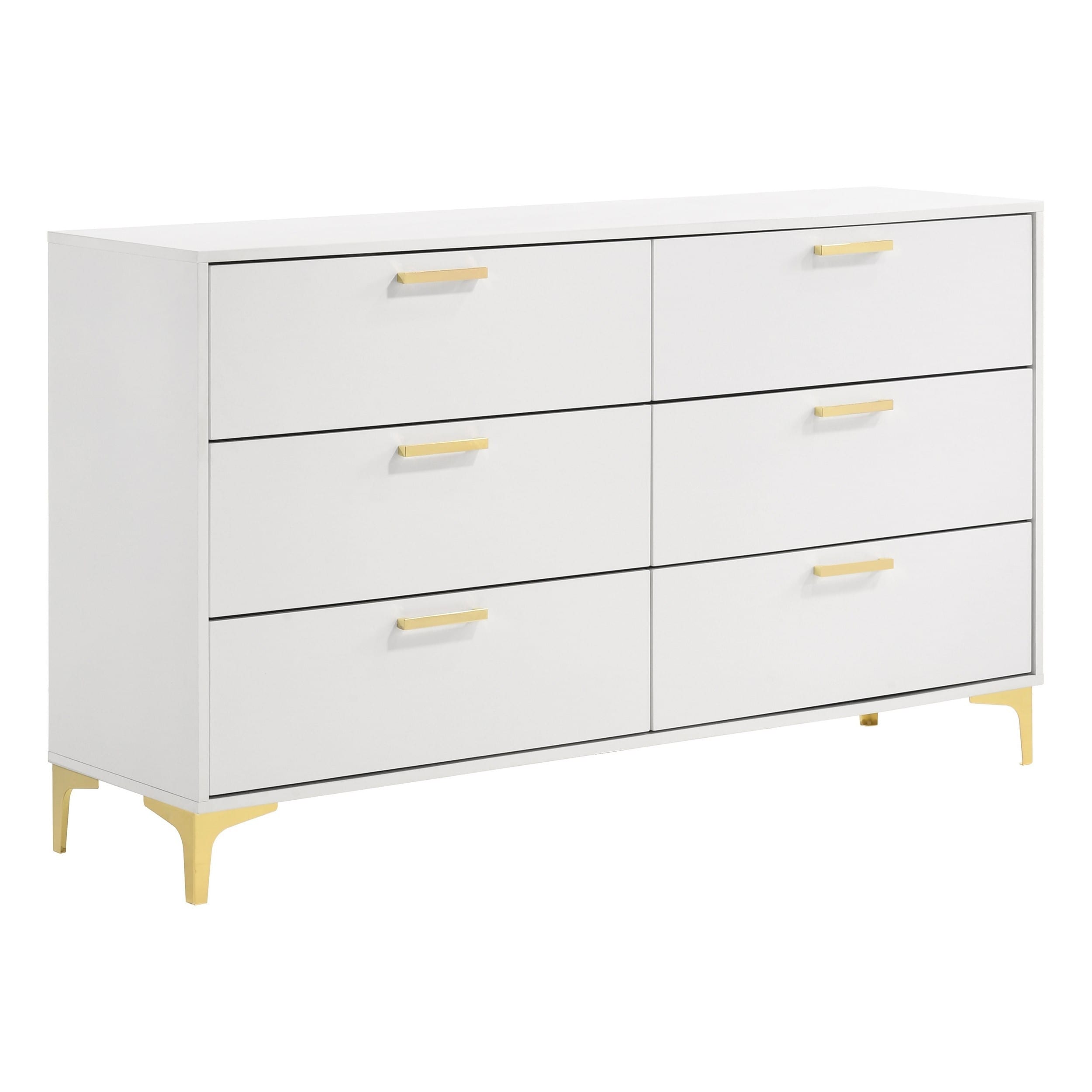 Lif 59 Inch Modern 6 Drawer Dresser， Gold Metal Accents， Brilliant White - - 37962417 - Mycitystee