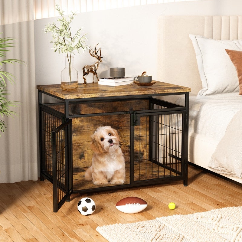 Grondin Rustic Industrial Style Wooden Dog Crate Dog Kennel with Three Lockable Doors， Indoor Pet Furniture Dog House End Table - Mycitystee