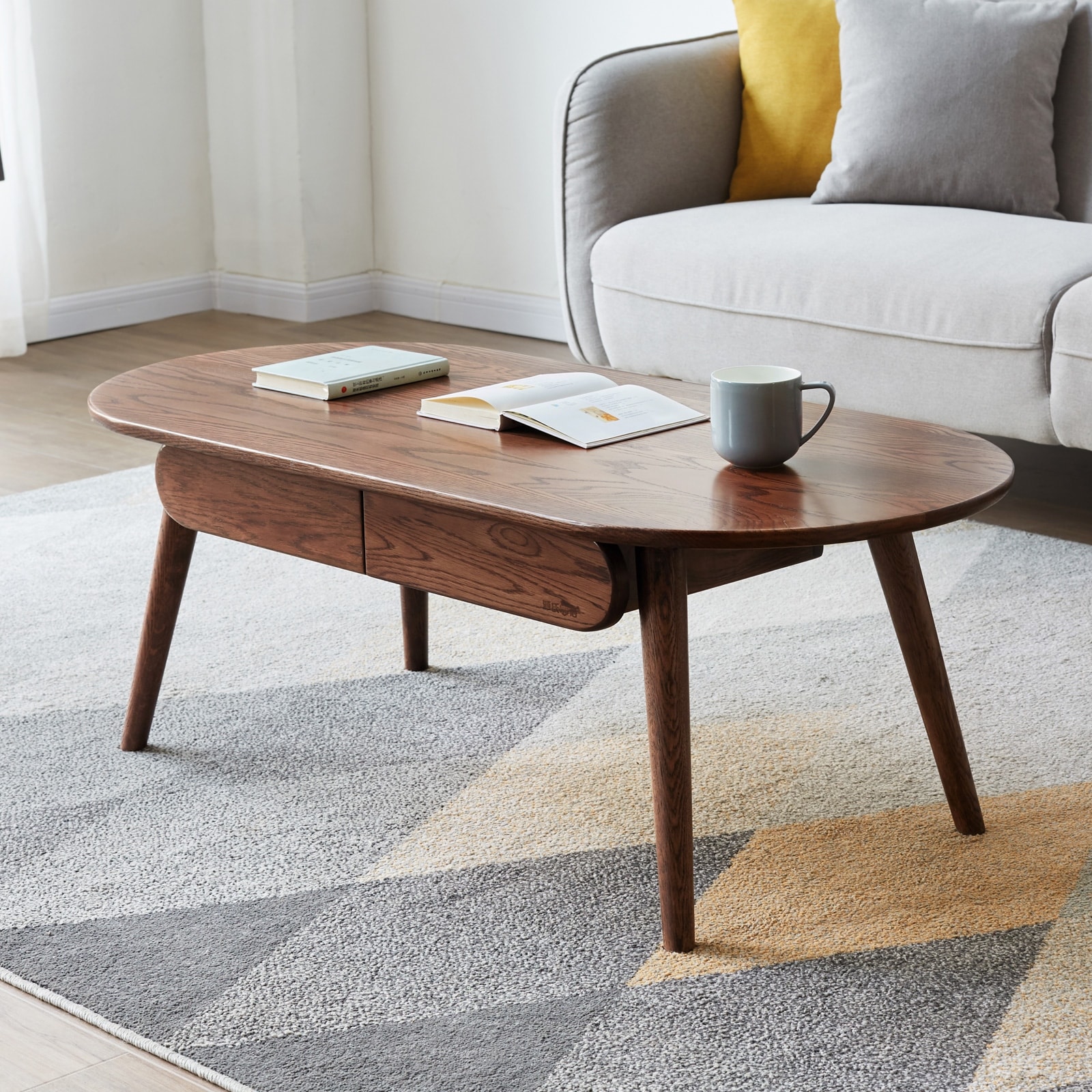 Capsule Centre Solid Oak Table with Drawers， Solid Wood Coffee Table Easy to Assemble Natural for Living room - Mycitystee