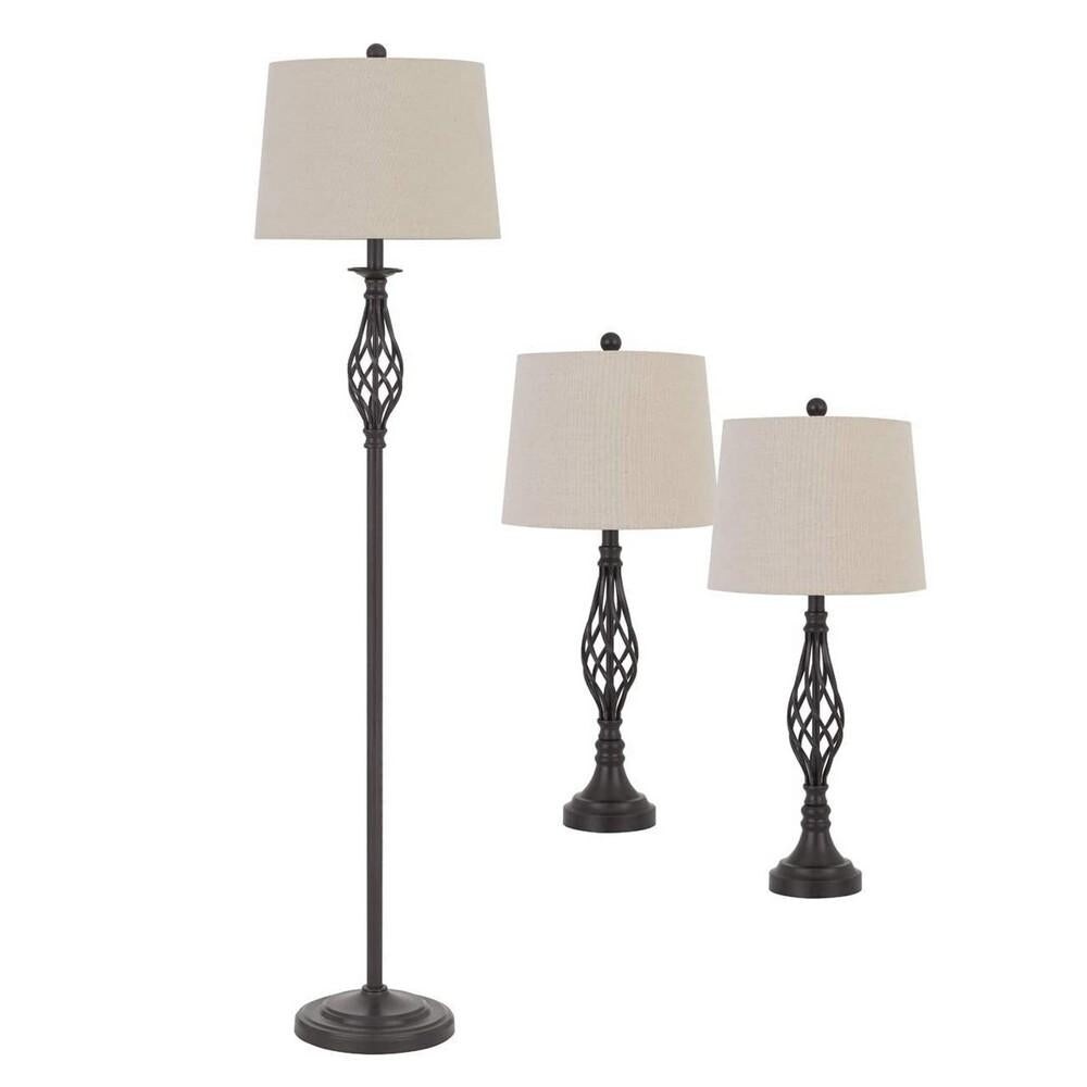 Twisted Cage Design Metal Floor Lamp with 2 Table Lamps， Bronze - Mycitystee