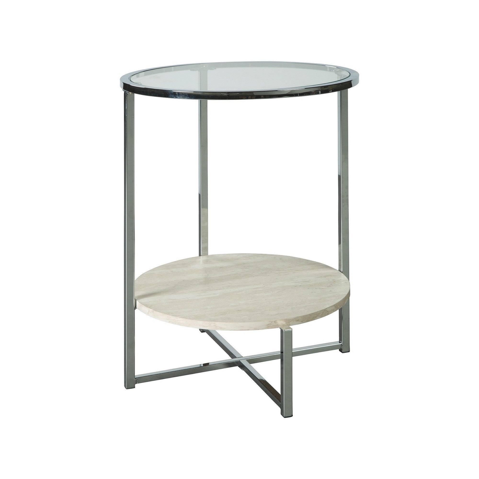 48 Inches Round Glass Top End Table with Stone Shelf， Clear and Chrome - Mycitystee