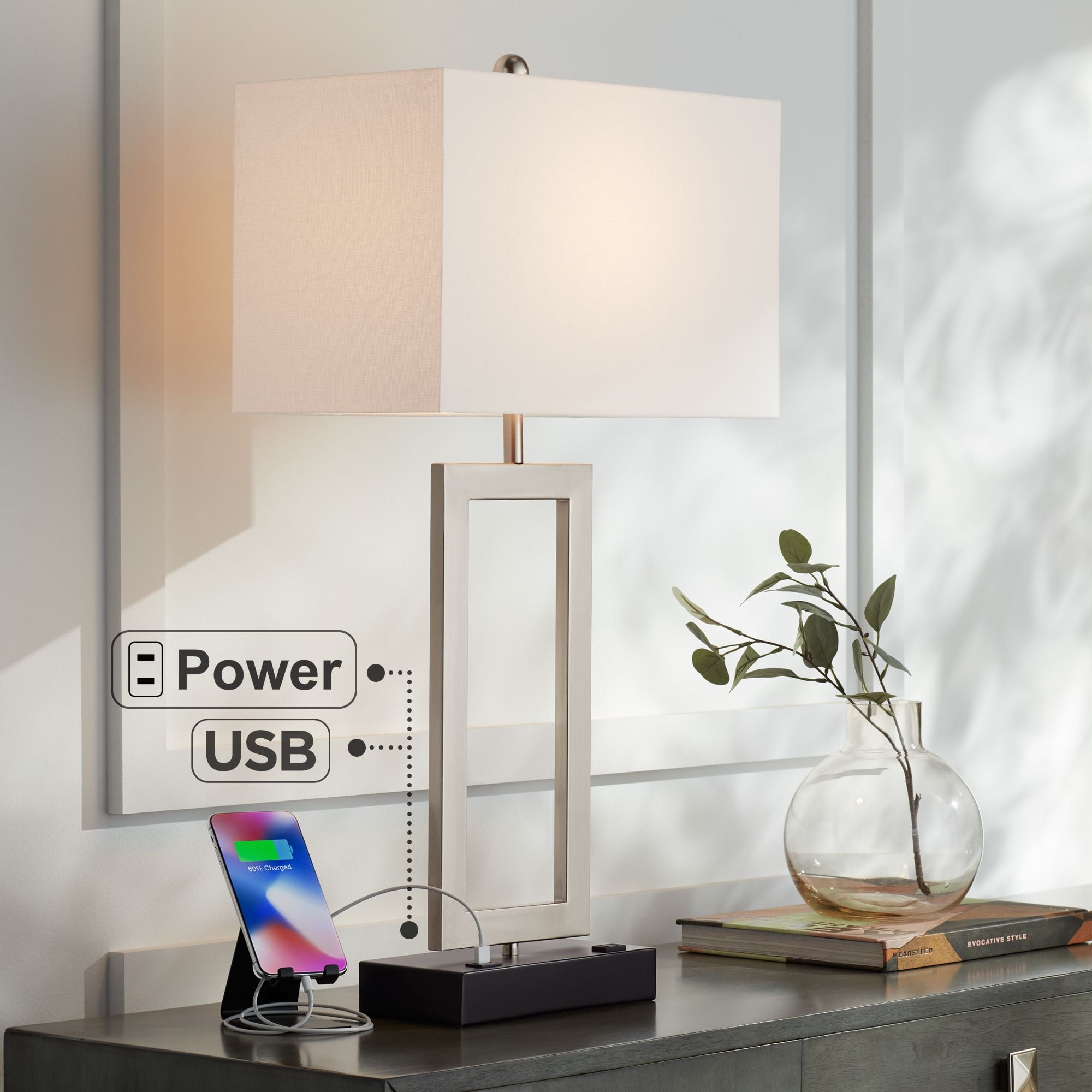 Modern Table Lamp with Hotel Style USB and AC Power Outlet in Base 30