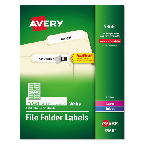 Avery Permanent TrueBlock File Folder Labels with Sure Feed Technology， 0.66 x 3.44， White， 30/Sheet， 50 Sheets/Box (5366) - Mycitystee