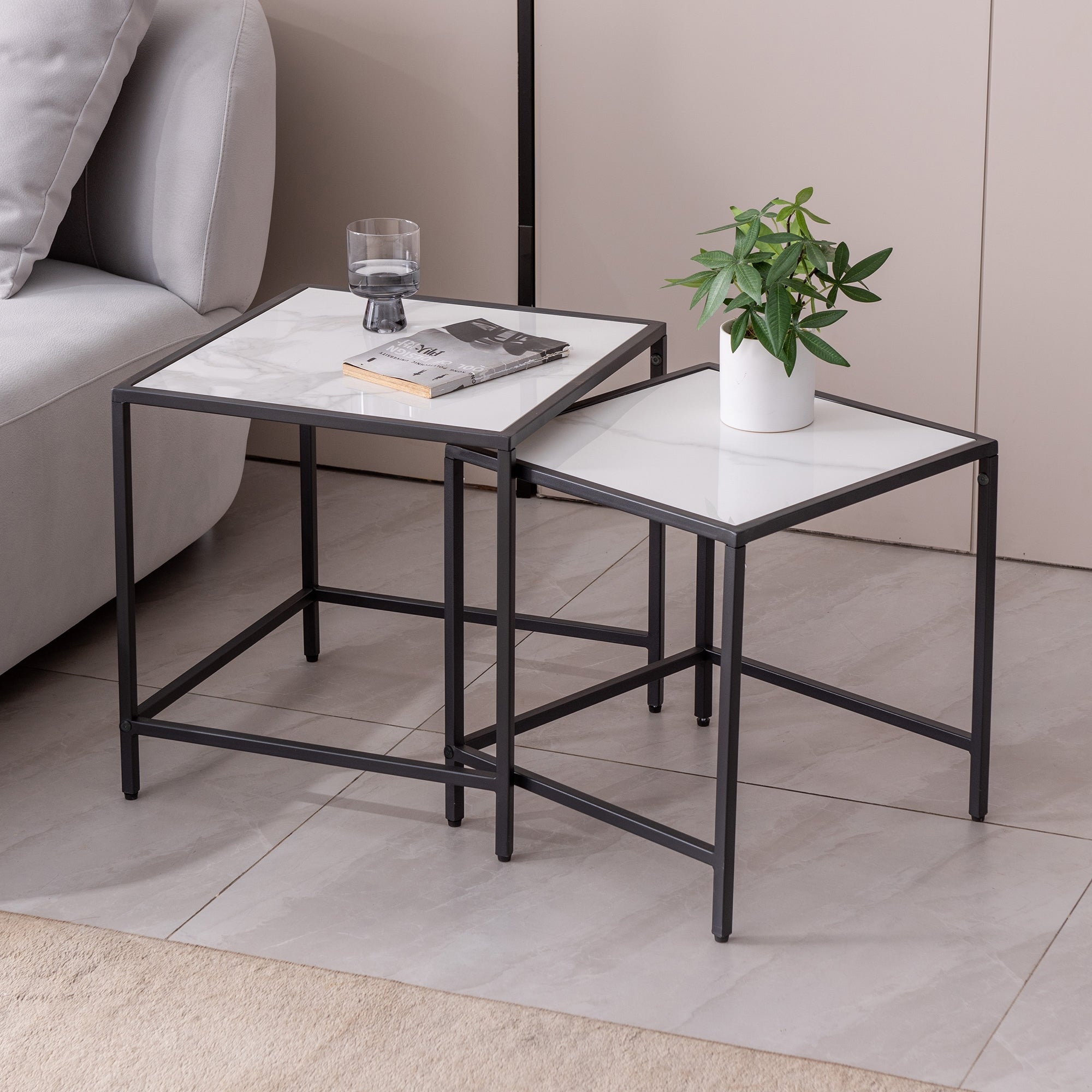 Nesting End/Side Table，Night Stand 2-Piece Set，Square Sintered Stone Top with Black Metal Frame，End Tables - Mycitystee