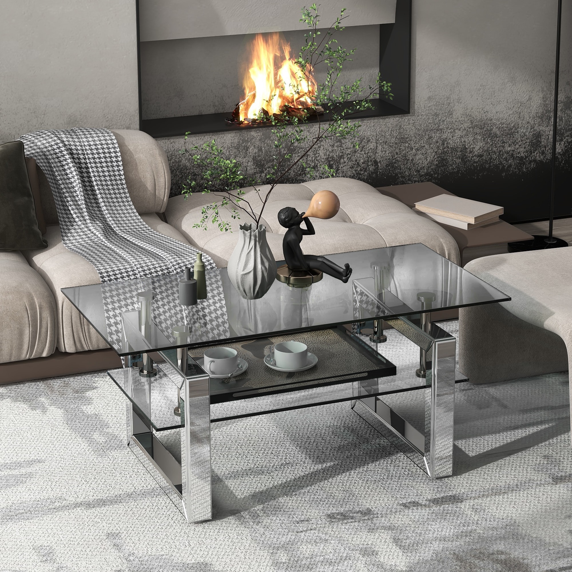 Transparent Tempered Glass Coffee Table with 2-Tier Storage Design， Center Table with Metal Legs for Living Room， Silver - Mycitystee