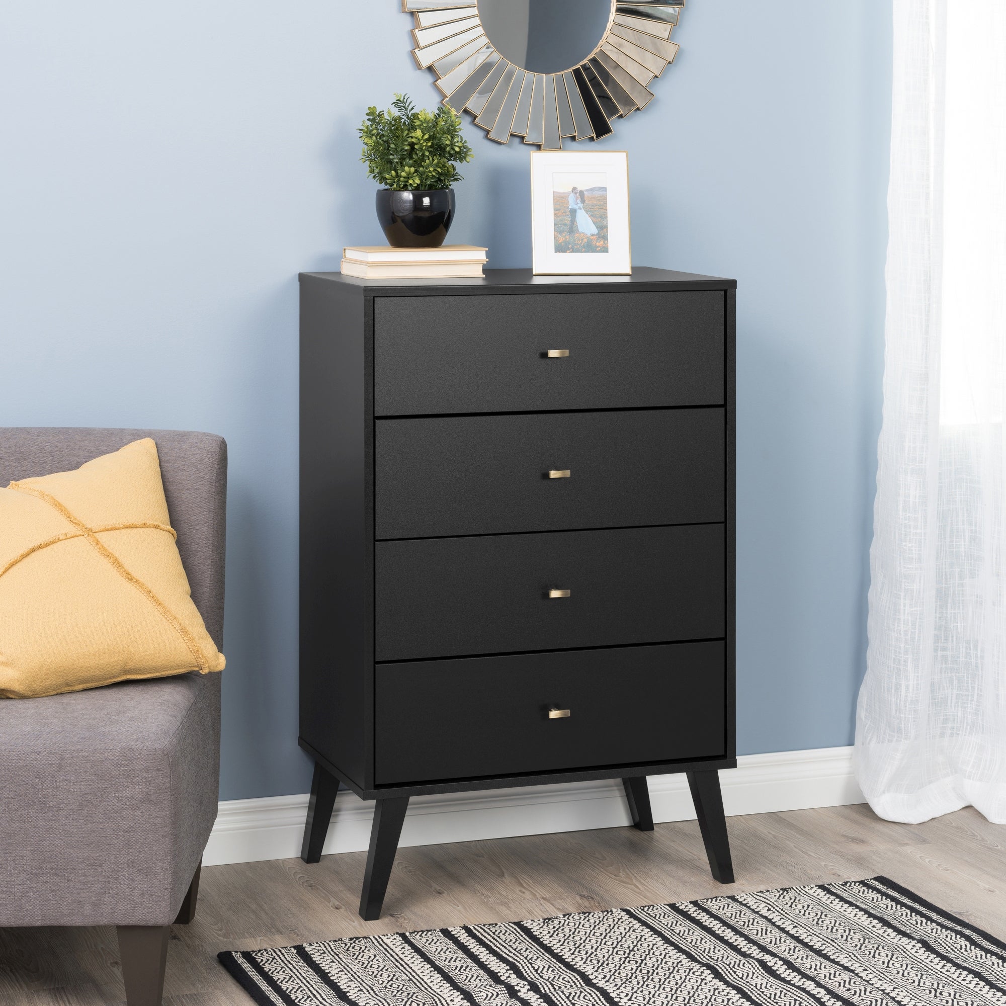 Milo Mid Century Modern 4-Drawer Vertical Chest， Black - - 37236466 - Mycitystee