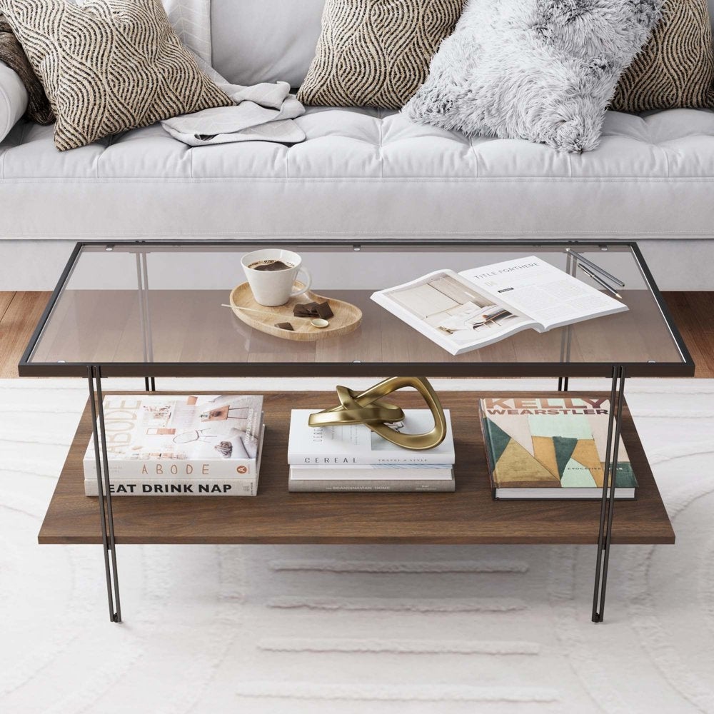 Asher Mid-Century Rectangle Coffee Table with Glass Top and Walnut Floating Shelf Black Metal Legs - Mycitystee
