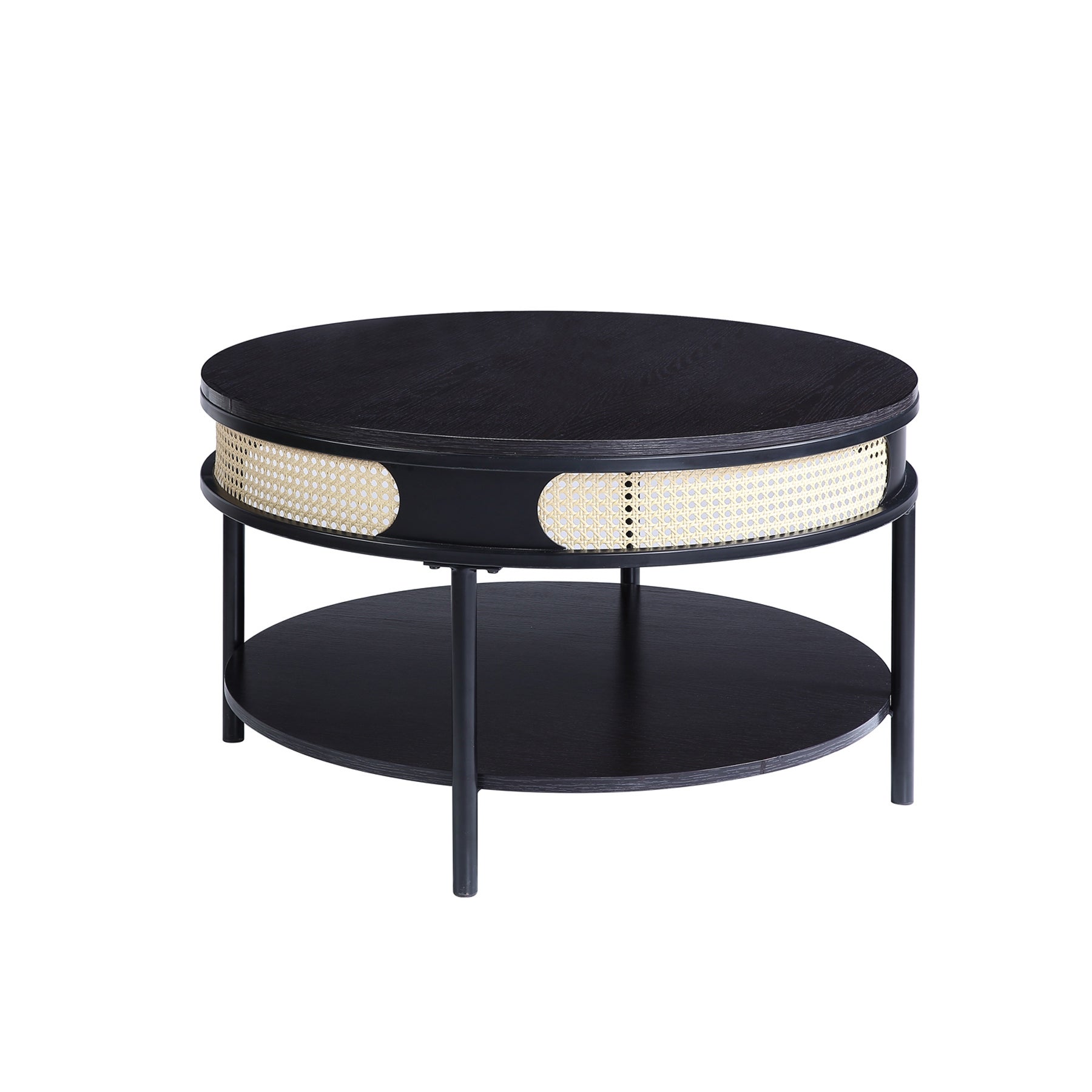 1 Open Shelf Round Coffee Table with Metal Legs in Black Finish - Mycitystee