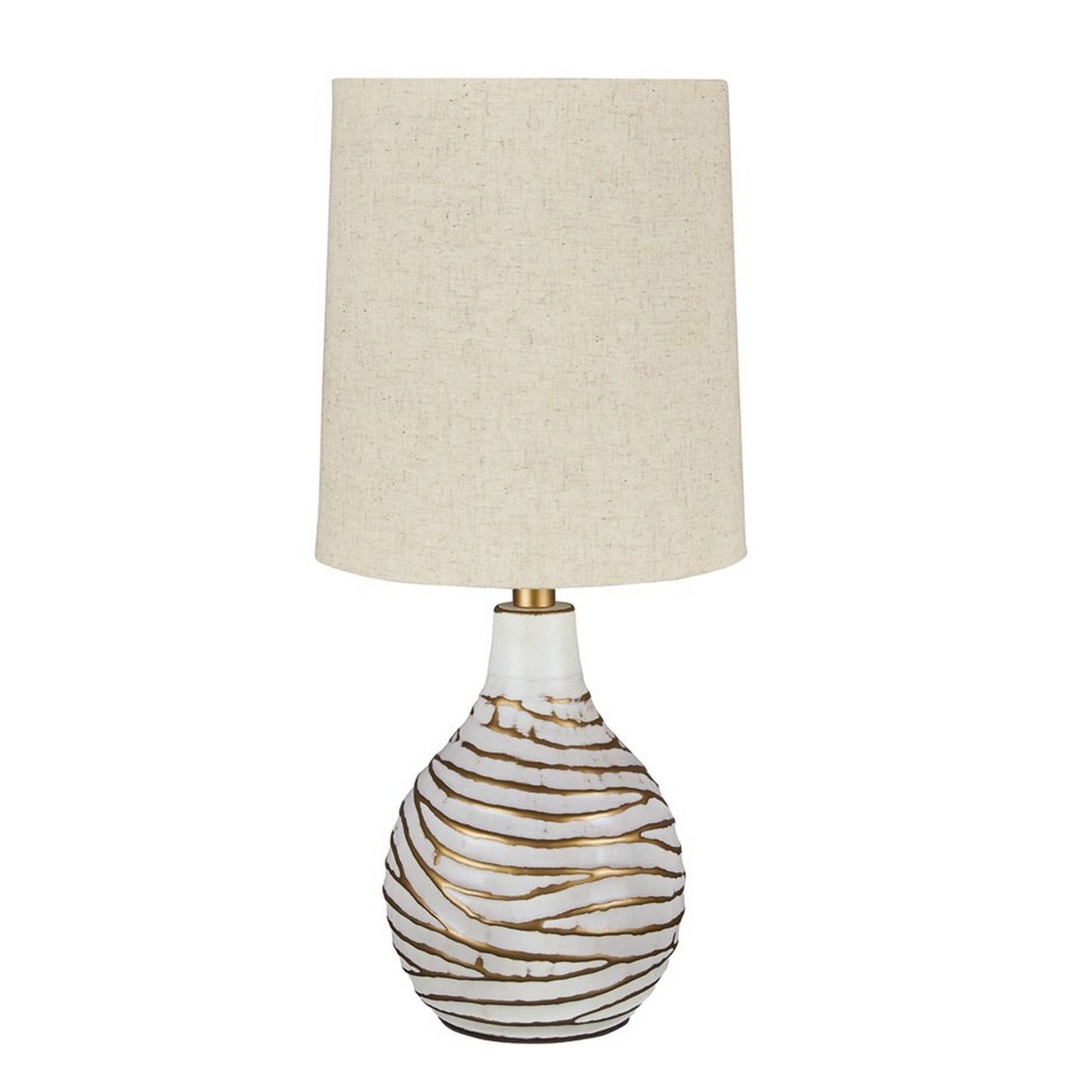Pot Bellied Metal Table Lamp with Textured Golden Embellishment， White - Mycitystee