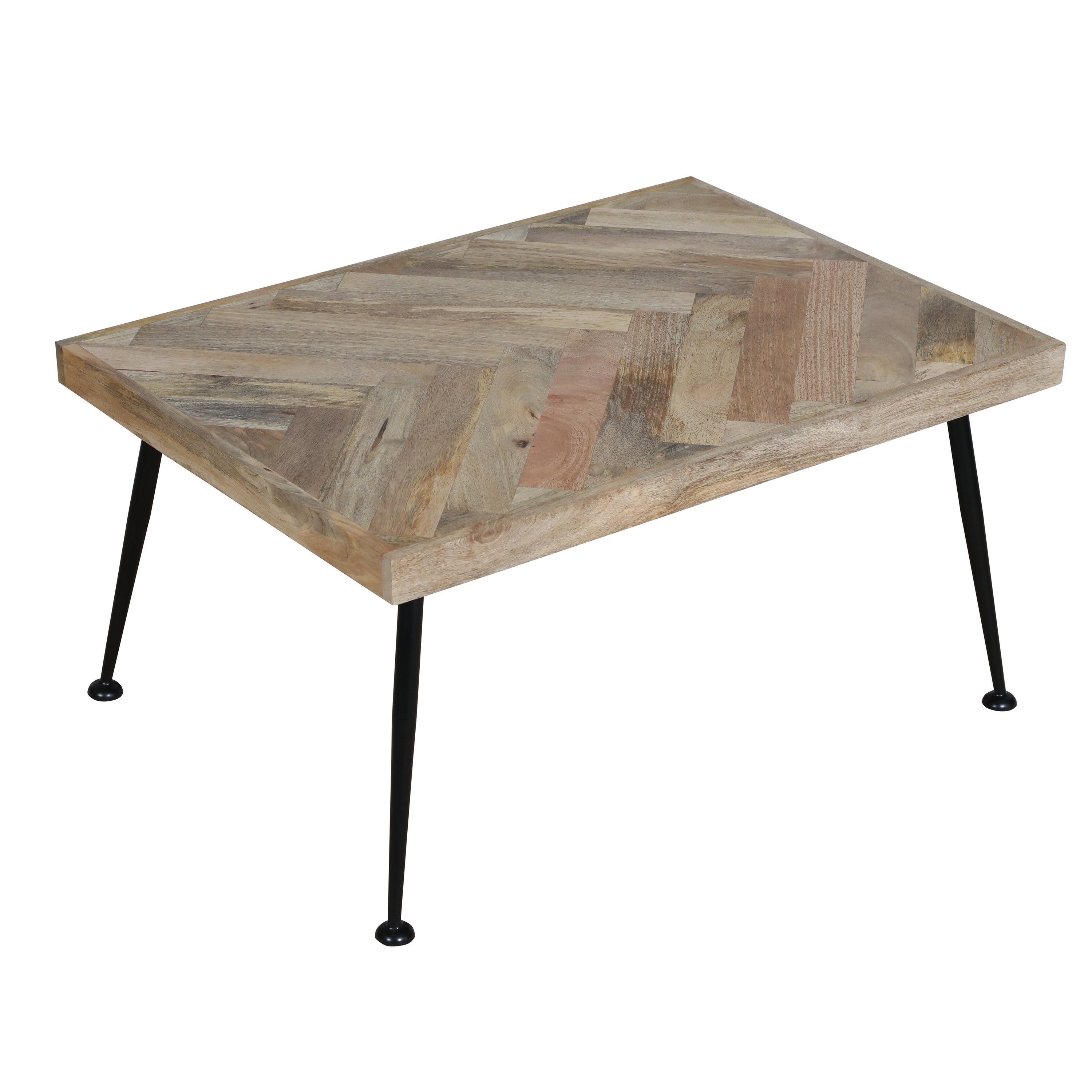36 Inch Rectangular Mango Wood Coffee Table for iving Room， Home， Office， Herringbone Design， Iron Legs， Brown， Black - Mycitystee