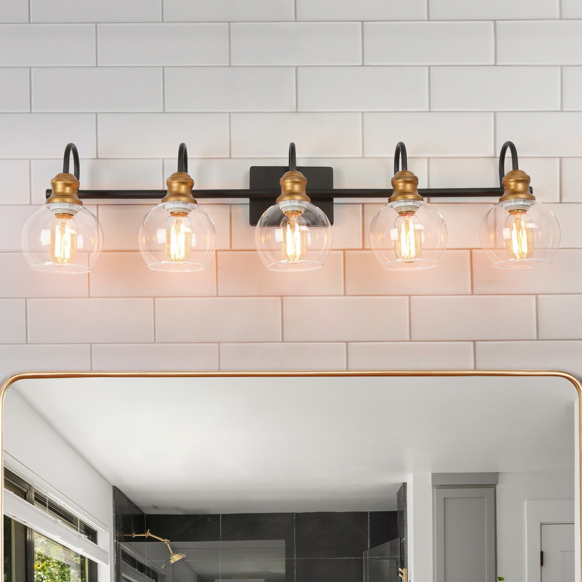 Olia Modern 5-Light Gold Black Bathroom Vanity Lights Glass Metal Wall Sconces - Mycitystee