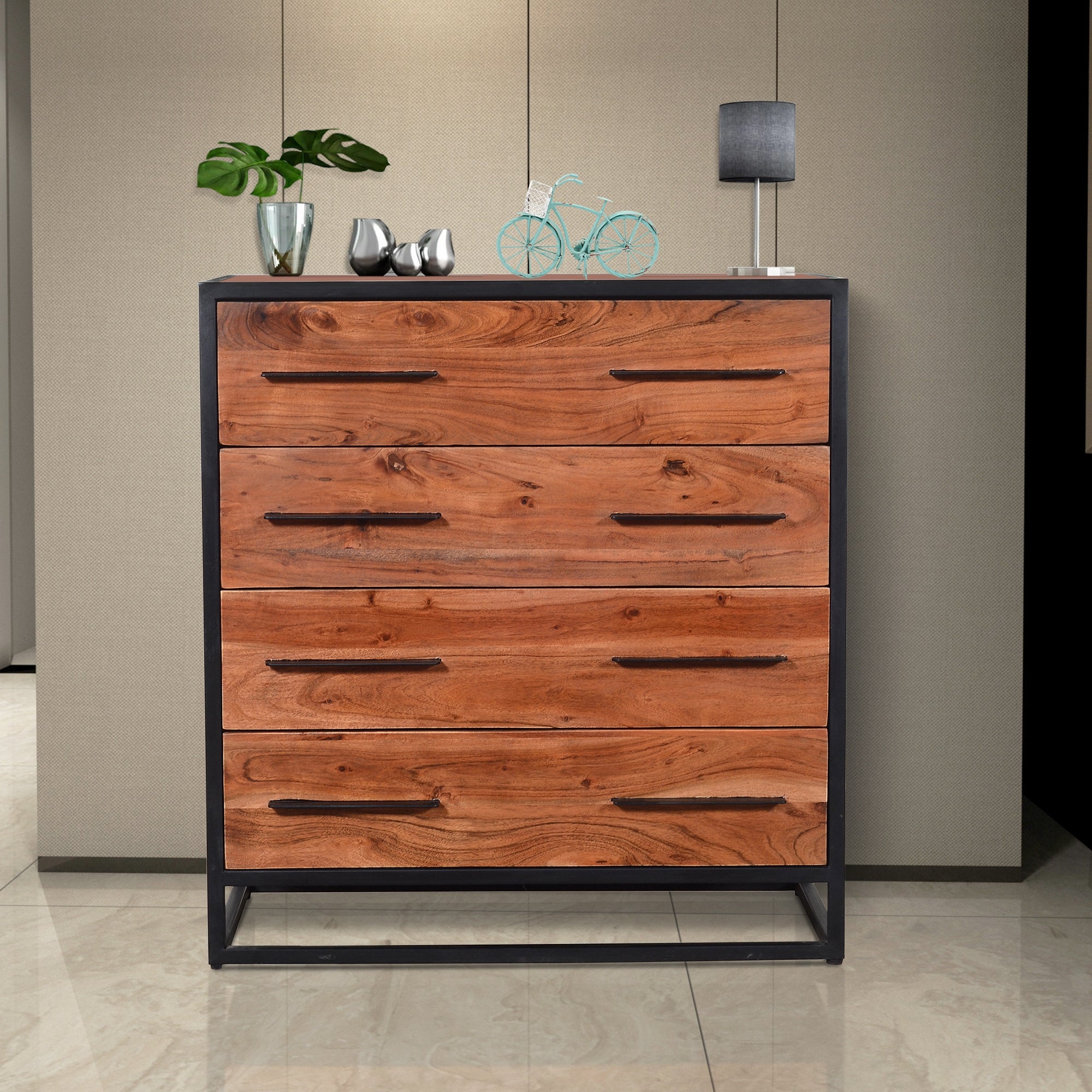 Handmade Dresser with Grain Details and 4 Drawers， Brown and Black - - 30830772 - Mycitystee