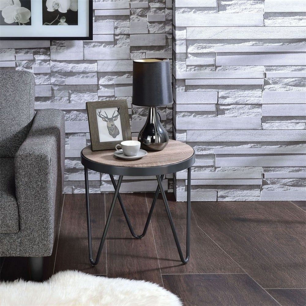 Industrial Round Shaped End Table in Weathered Gray Oak and Metal - Mycitystee