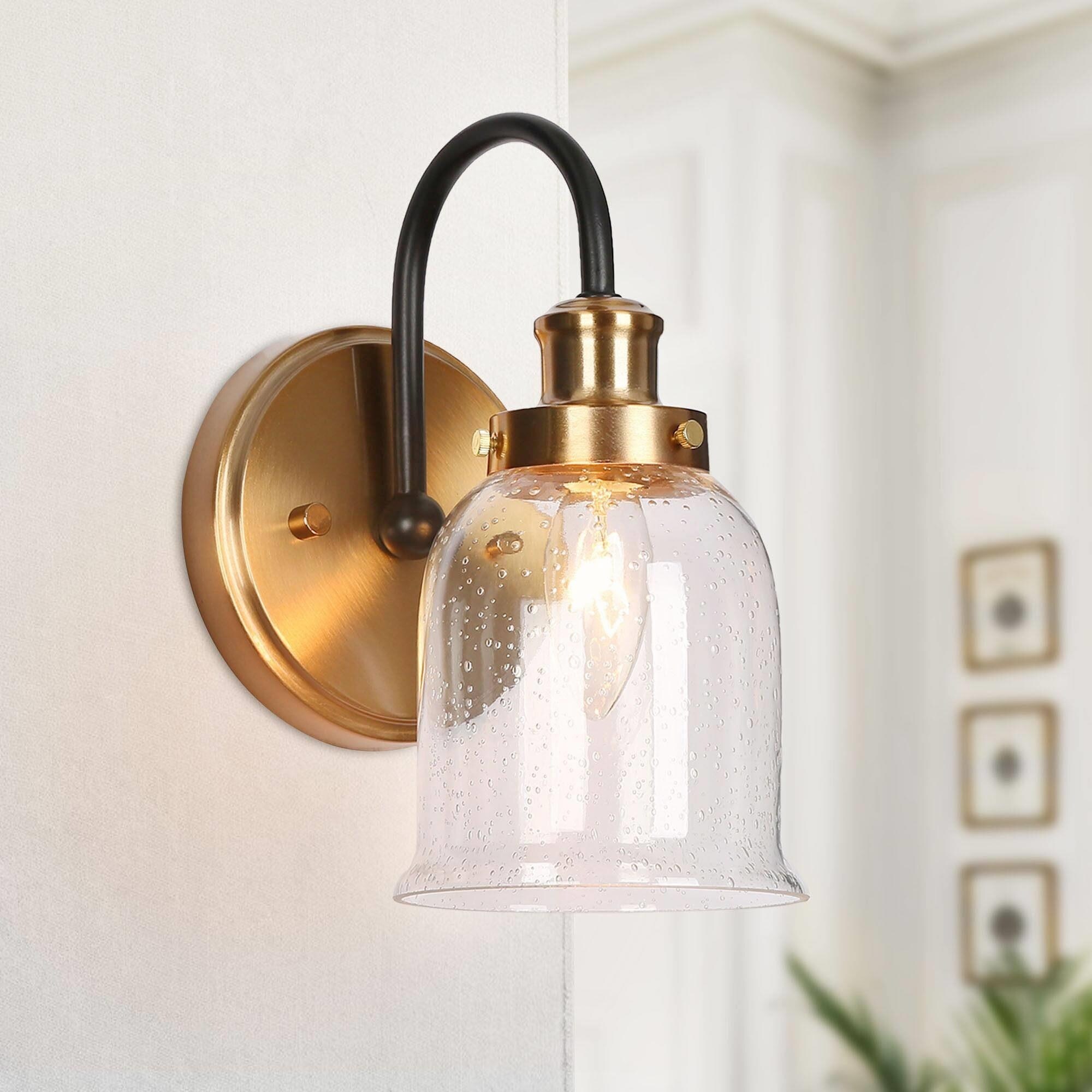 Kesa Modern Black Gold 1-Light Wall Sconces Bathroom Vanity Lights with Seeded Glass - Mycitystee