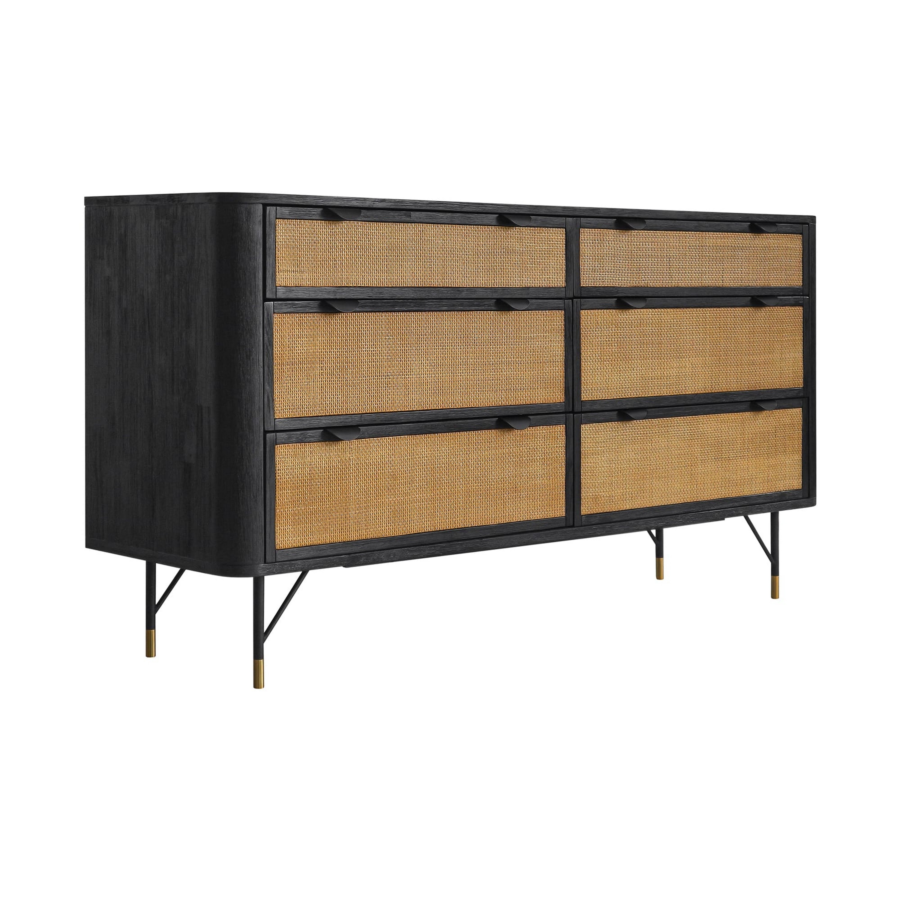 Theo 61 Inch Acacia Wood Dresser， 6 Bin Drawers， Rattan Fronts， Black - - 37962515 - Mycitystee