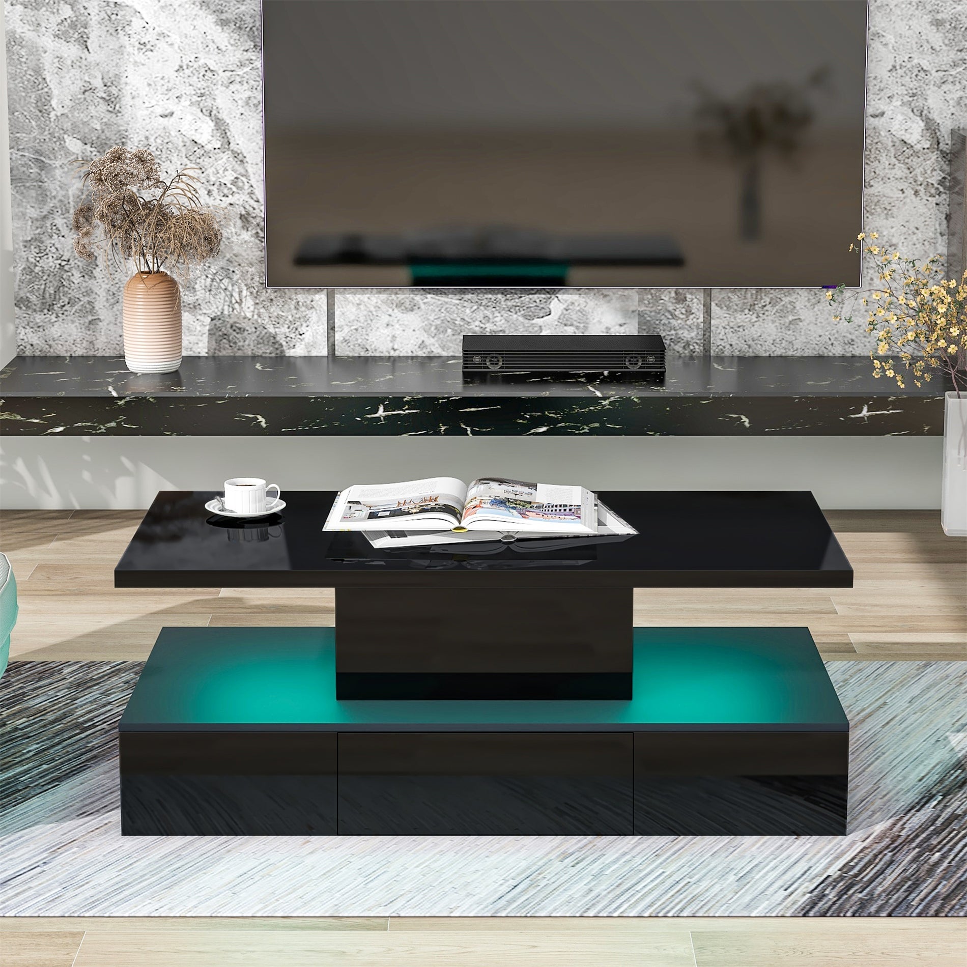 Modern Glossy Coffee Table with Plug-in 16 Colors LED Lighting - Mycitystee
