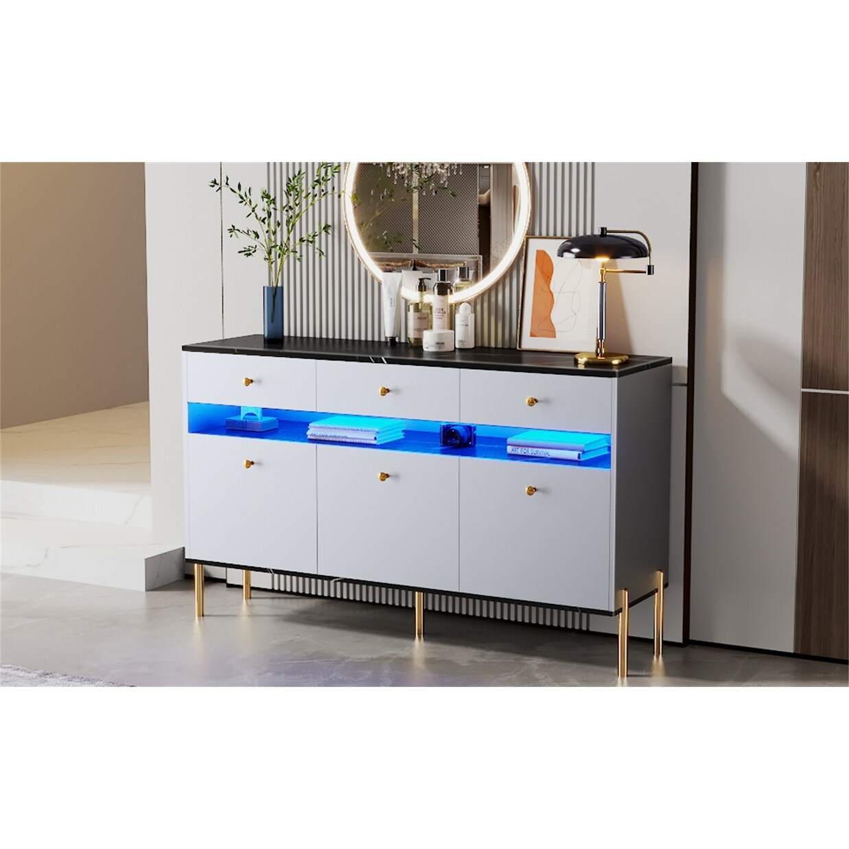 Dresser with LED Lights and Marble Top Panel，Storage Cabinet with 3 Drawers and 6 Shleves - - 37216609 - Mycitystee