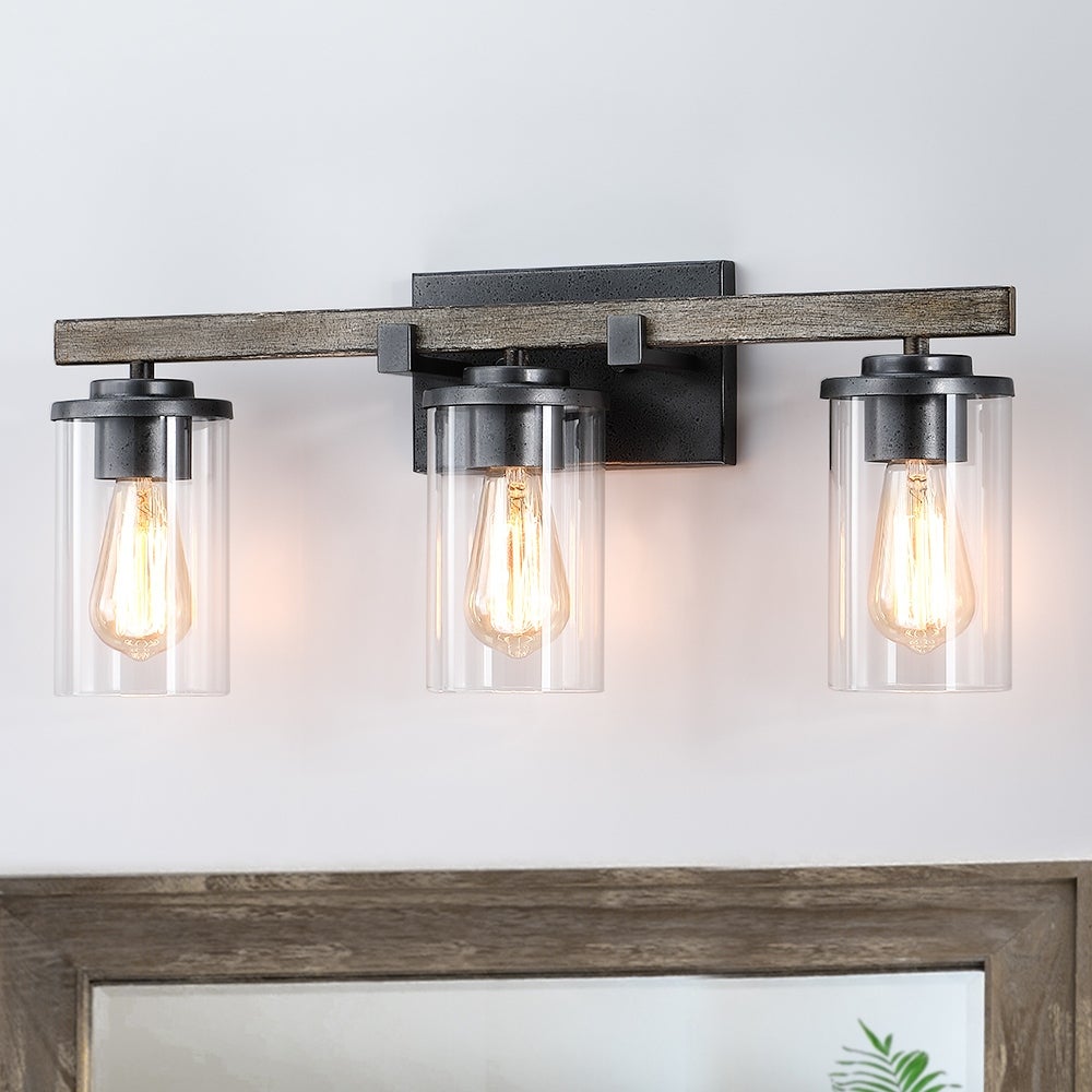 22 in. 3-Light Natural Iron and Distressed Faux Wood Industrial Farmhouse Bathroom Vanity Light with Clear Glass Shades - 22