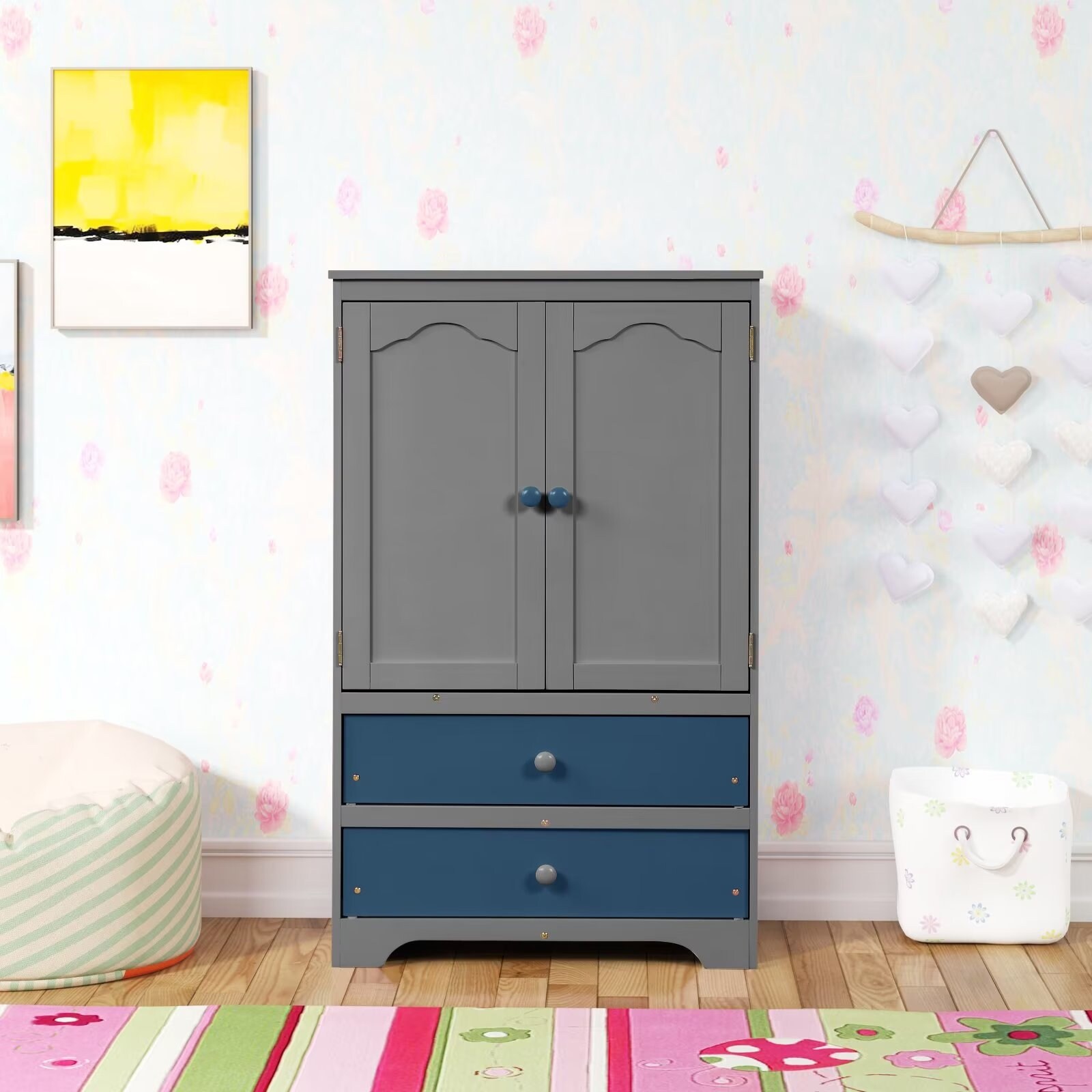 Cute Children's Wardrobe Side Cabinet 2 Doors with 1 Clothes Rail， 1 Shelf， 2 Drawers， Anti-Falling Hardware - - 36073581 - Mycitystee