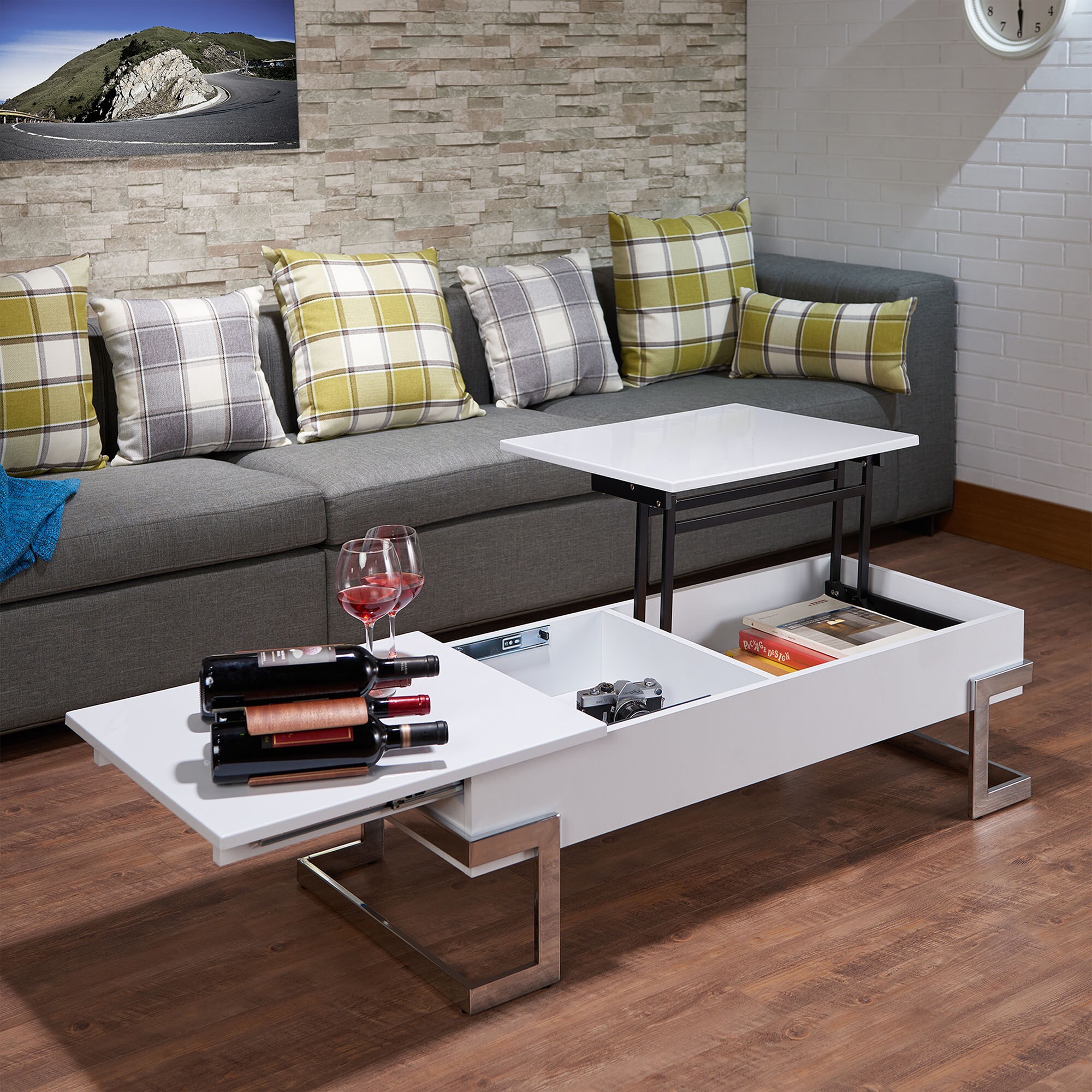 White and Chrome Box Storage Modern Coffee Table - Mycitystee