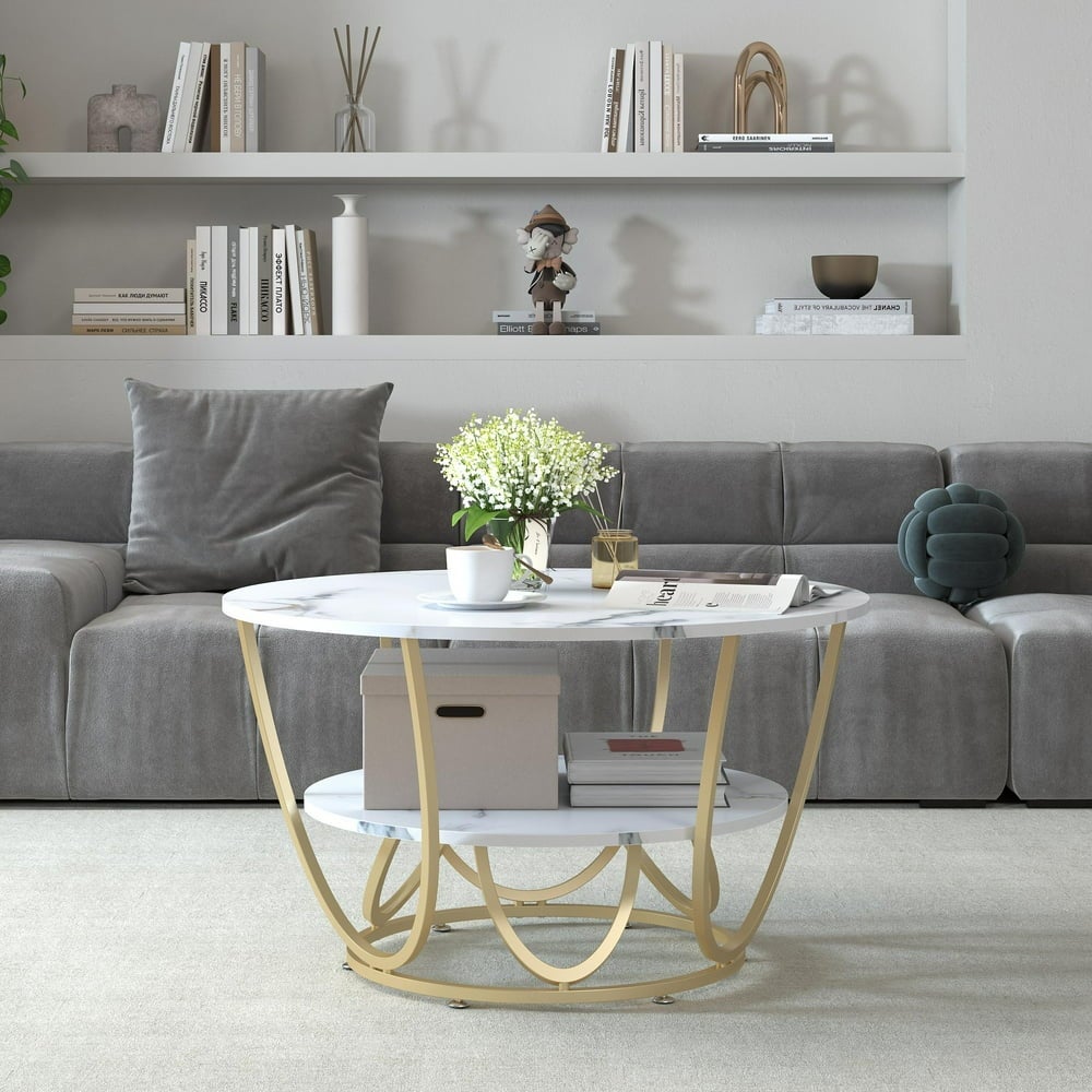 Modern Faux Marble 2 Tier Round Coffee Table， Gold - Mycitystee