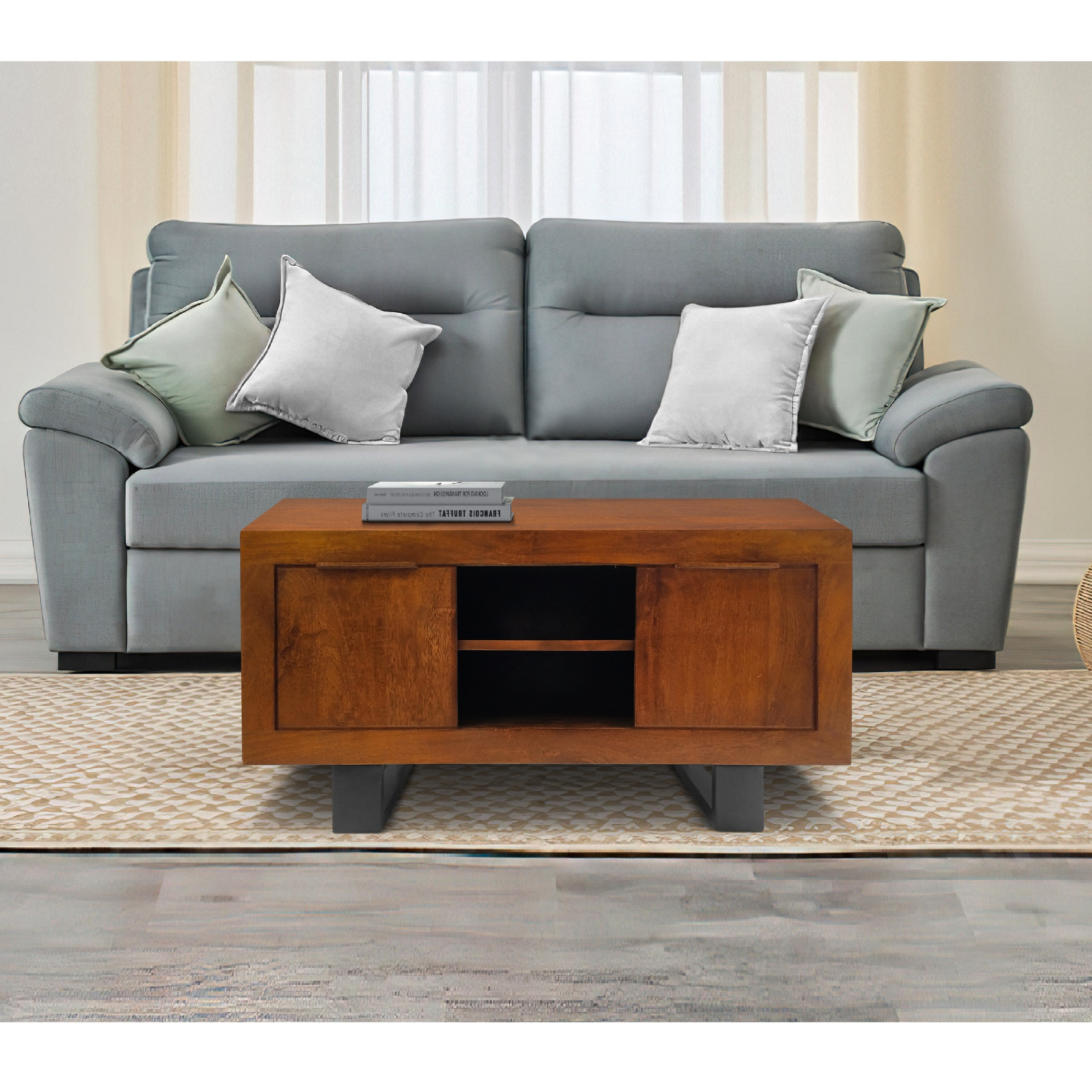 36 Inch Wooden Industrial Coffee Table with Open Compartments and Sled Base， Brown - Mycitystee