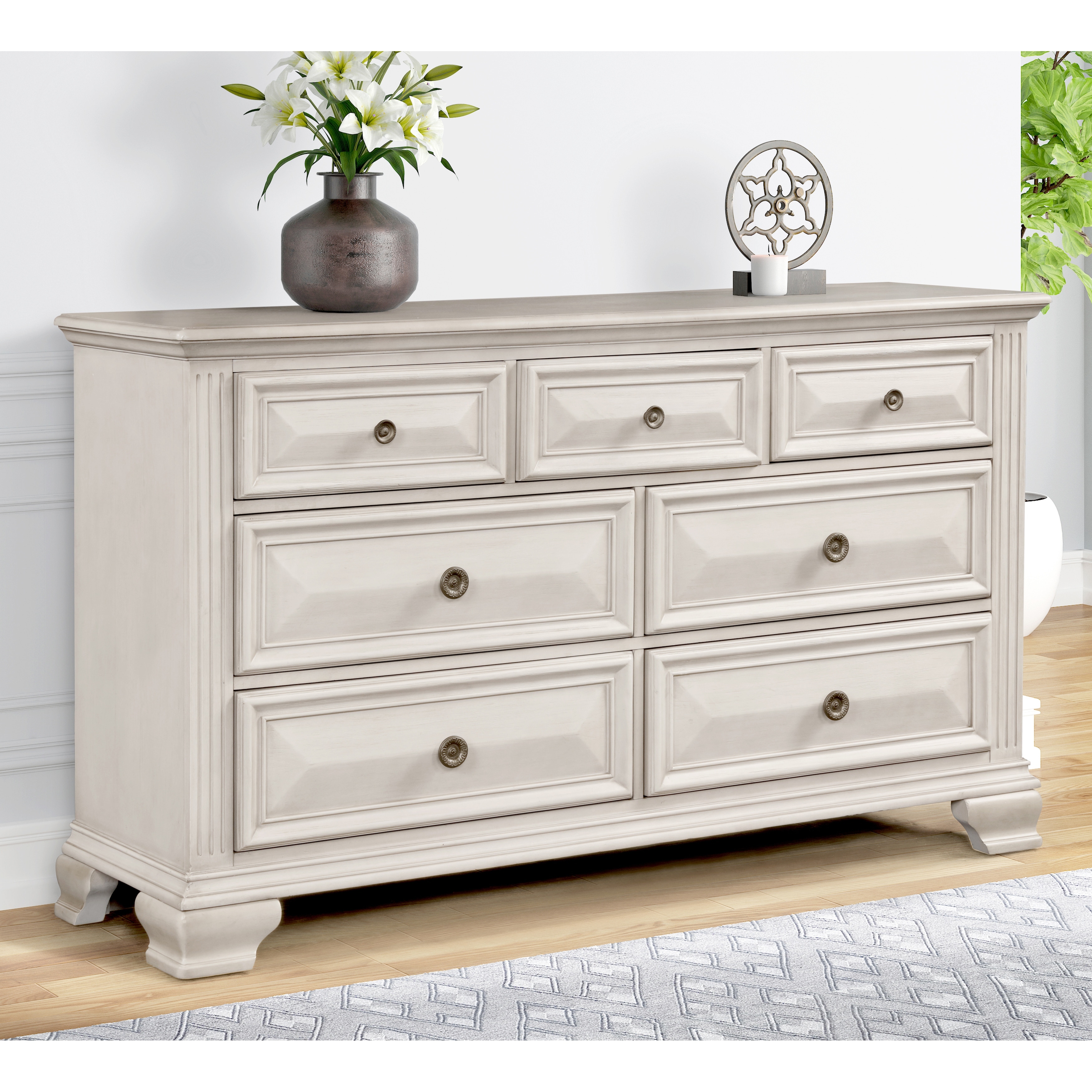 Roundhill Furniture Renova Distressed Parchment 7-drawer Dresser - - 31294003 - Mycitystee
