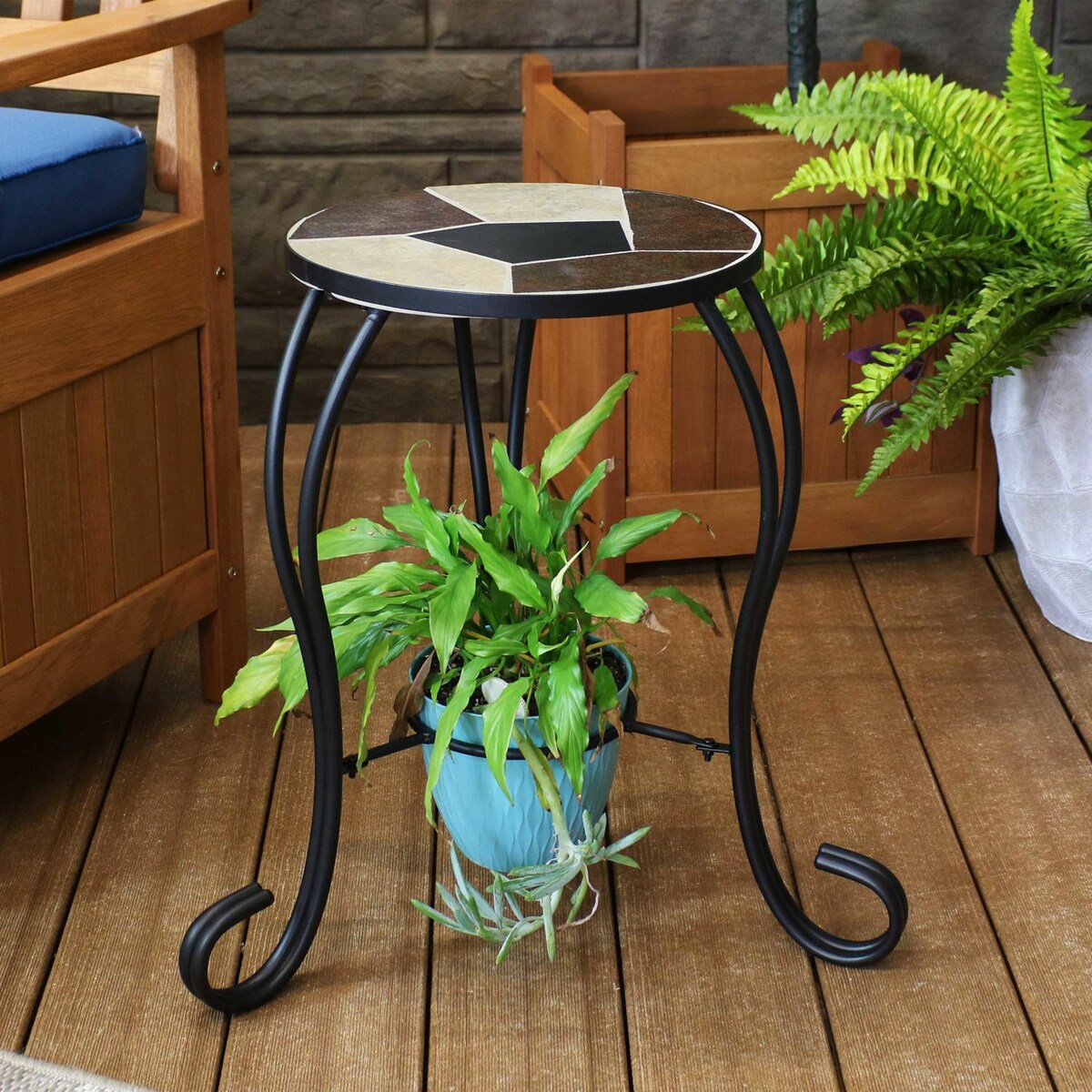 Ultimate Patio 12 3/4-Inch Ceramic Mosaic Tile Side Table W Plant Stand and Steel Frame - Mycitystee