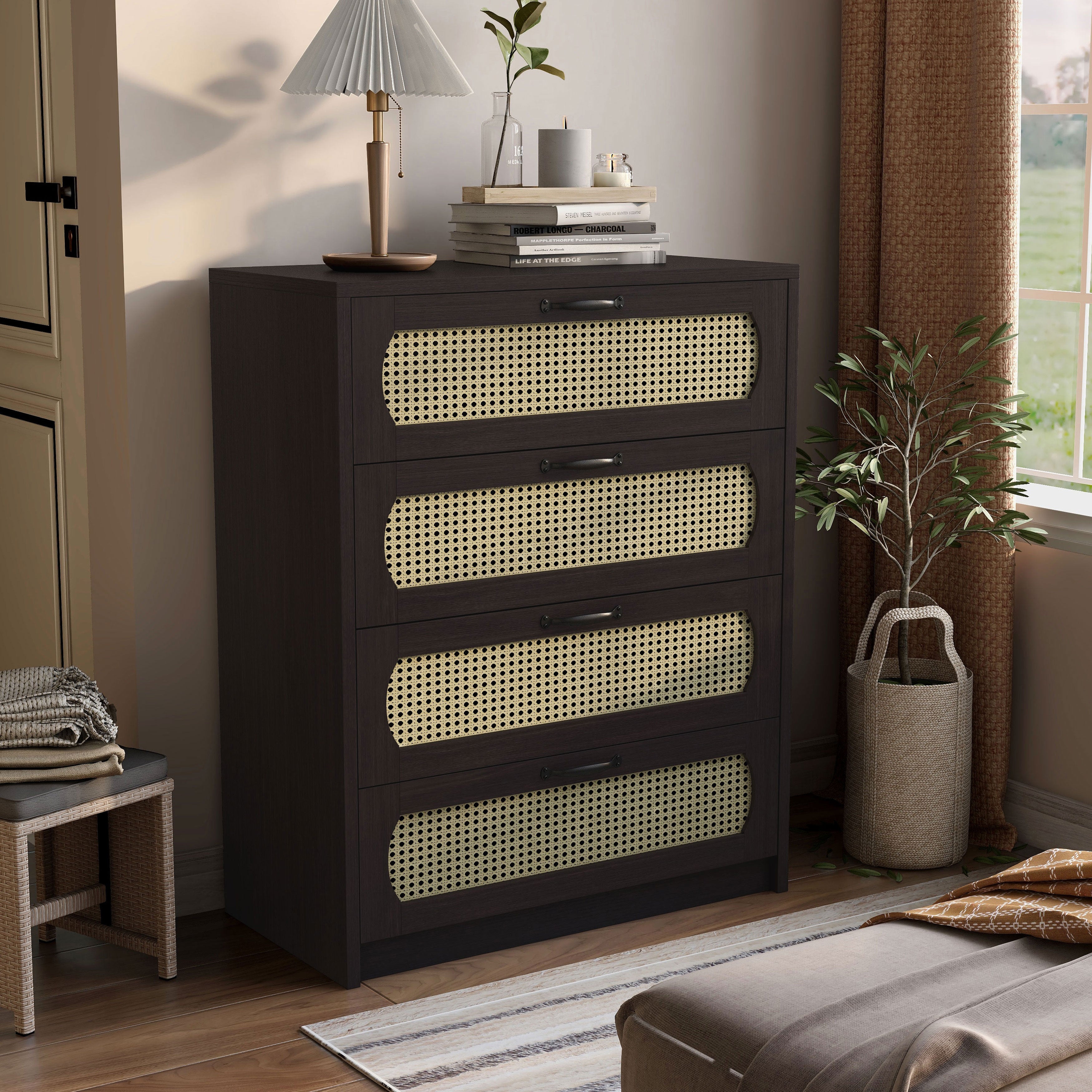 DH BASIC Espresso and Faux Rattan Webbed 4-drawer Mini Chest by Denhour - - 36991142 - Mycitystee