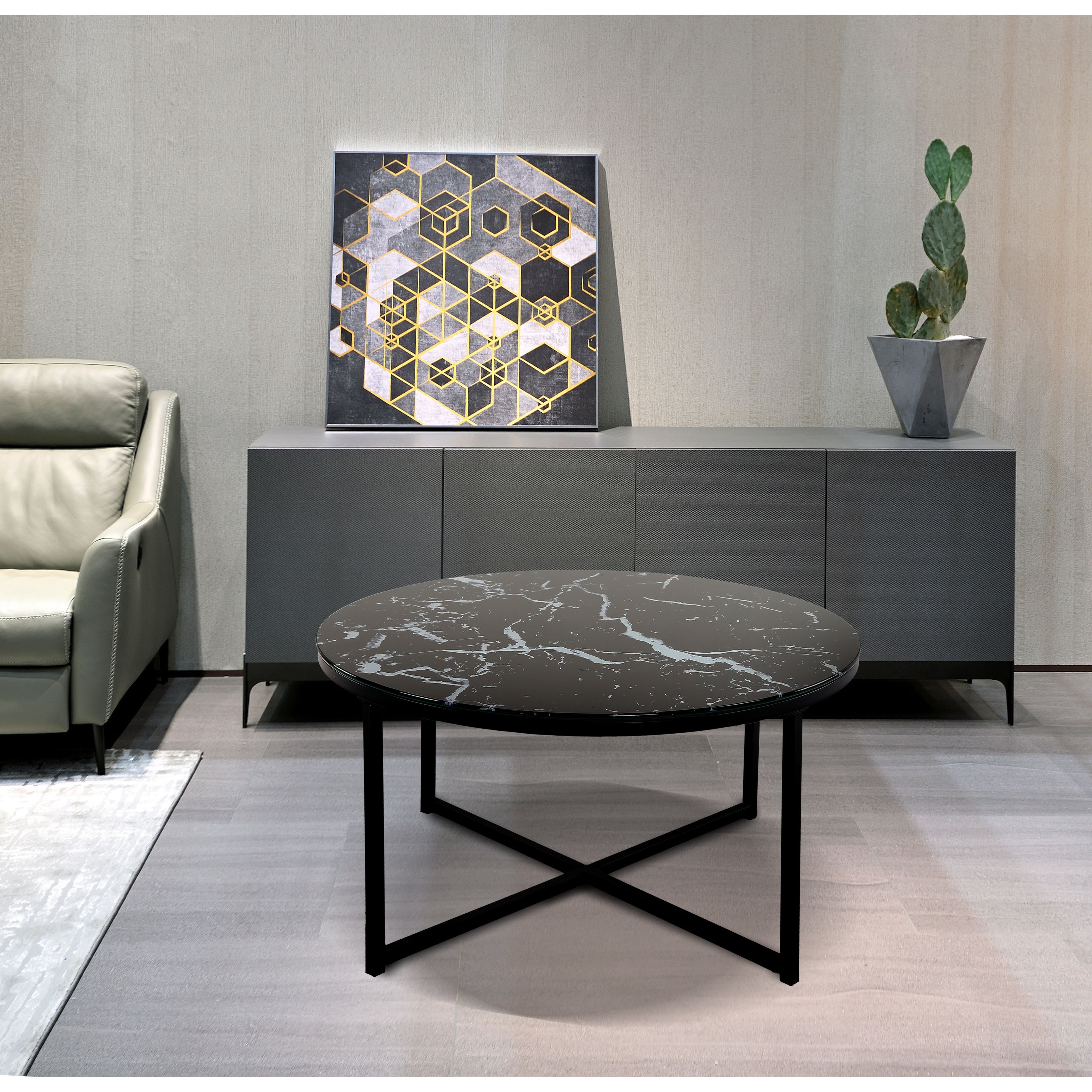 EPOWP Cross Legs Glass Coffee Table with Metal Base， Marble Black Color Top - Mycitystee
