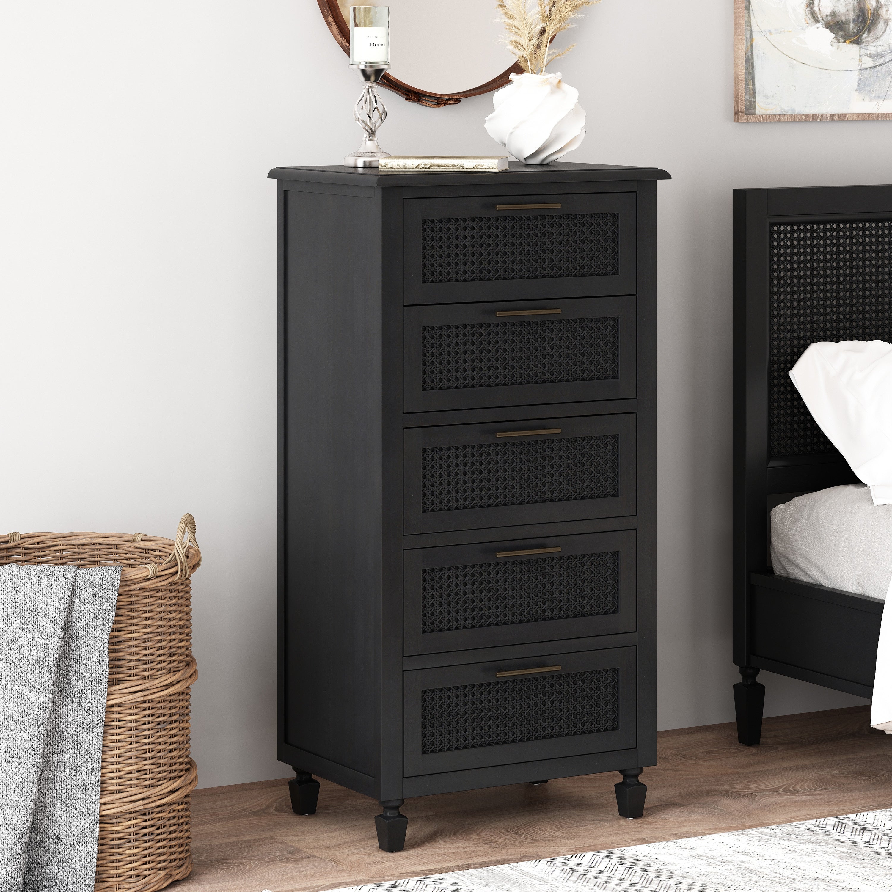 Newell Rustic Acacia Wood and Cane 5 Drawer Dresser by Christopher Knight Home - - 35756865 - Mycitystee
