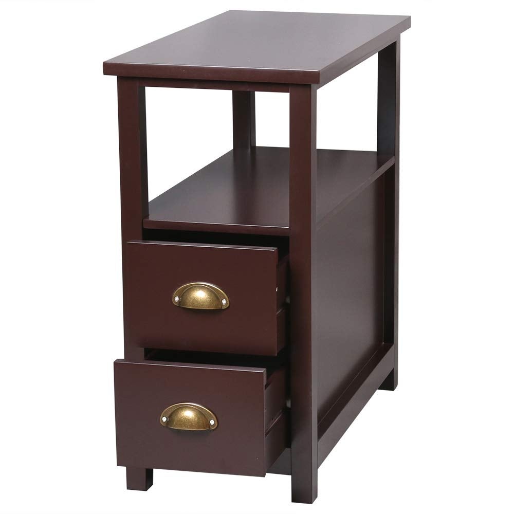 Double-Tier Coffee Side Table with Two Drawers Coffee，Side Table Living Room Narrow Rustic End Table Bedroom - Mycitystee
